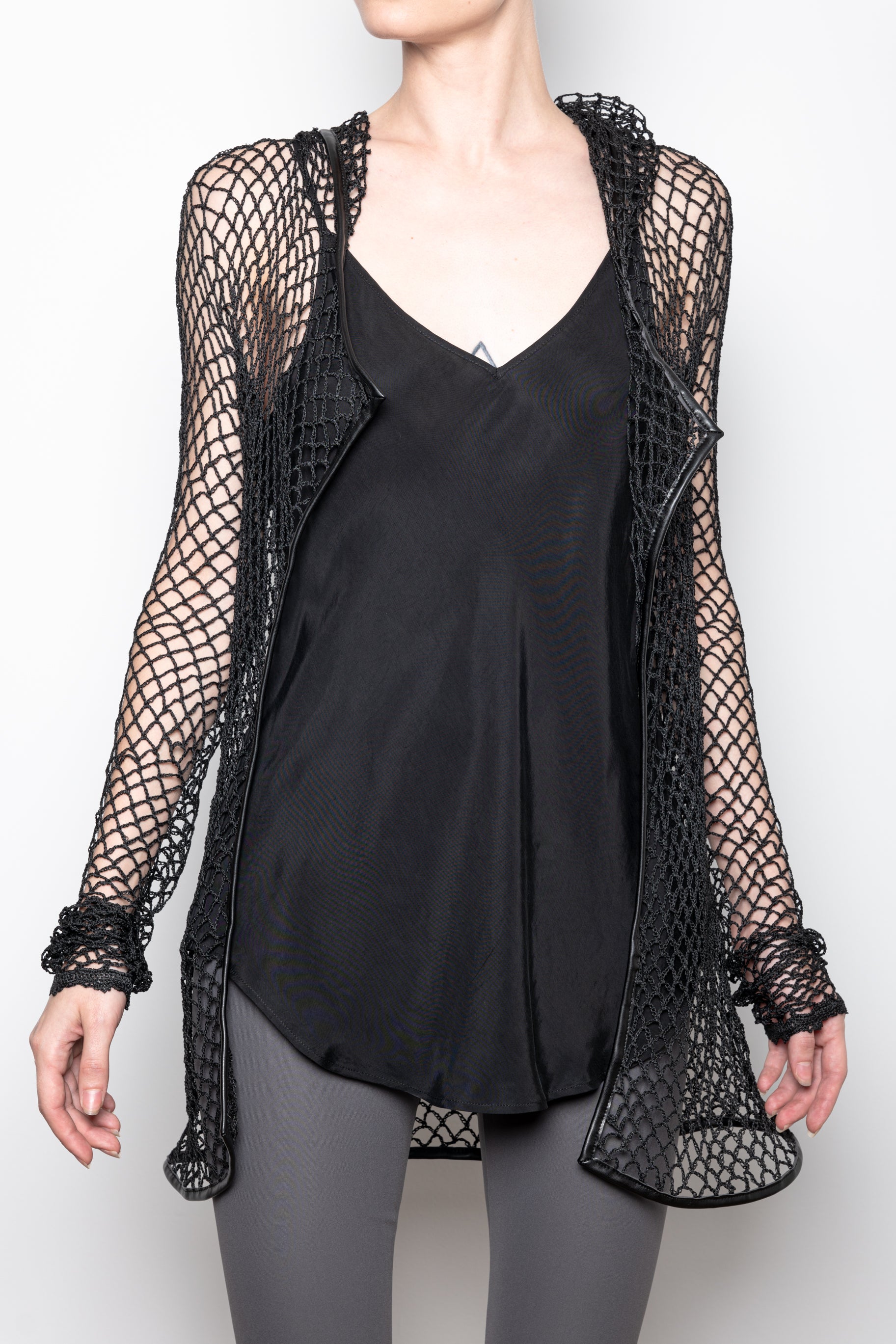 Hand Crochet Hooded Cardigan with Leather Trim - VIVION Sweater STYLEM Black P