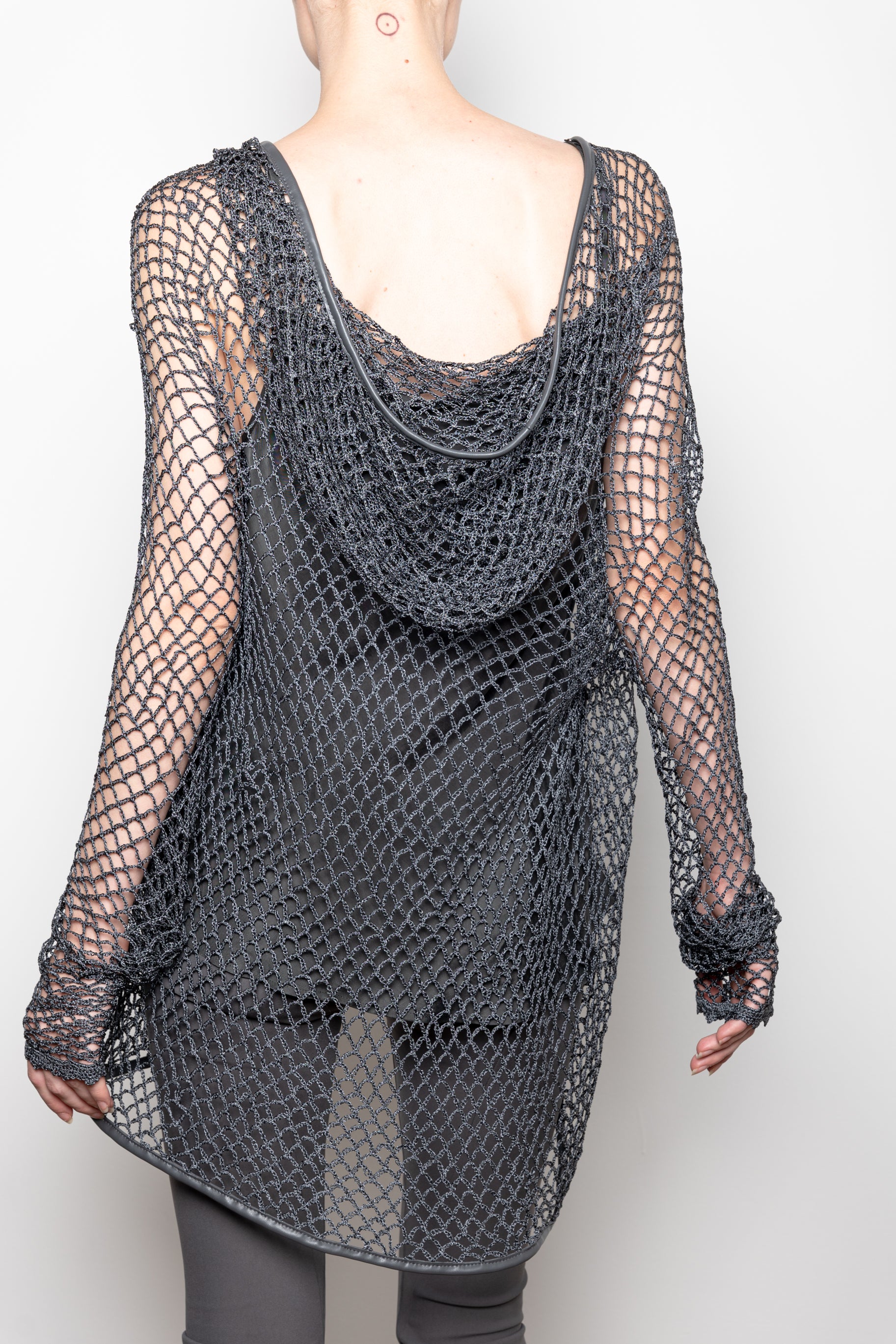 Hand Crochet Hooded Cardigan with Leather Trim - VIVION Sweater STYLEM