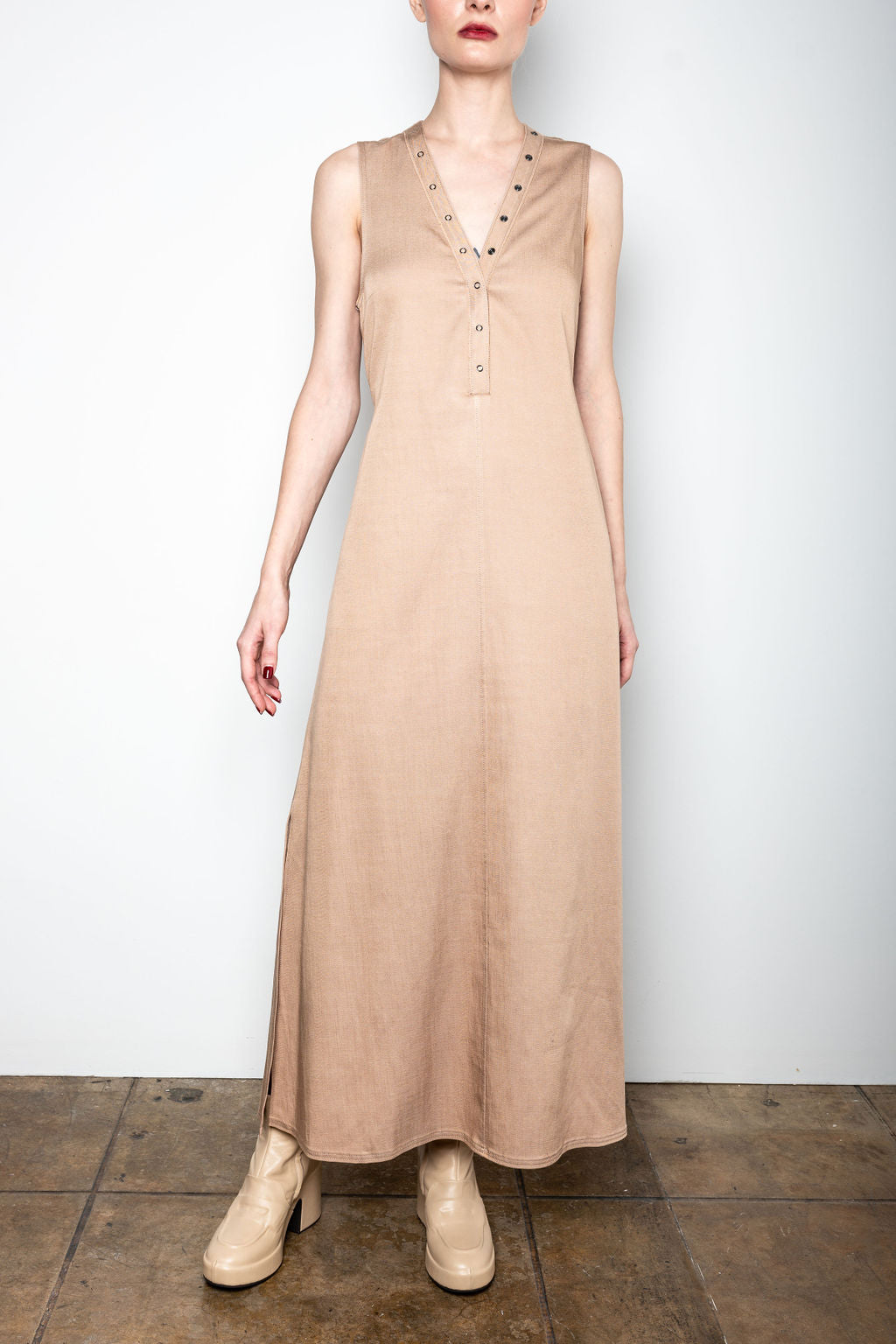Eco Denim V Neck Long Dress with Cut Out Back - VALLEY Dress STYLEM Almond P
