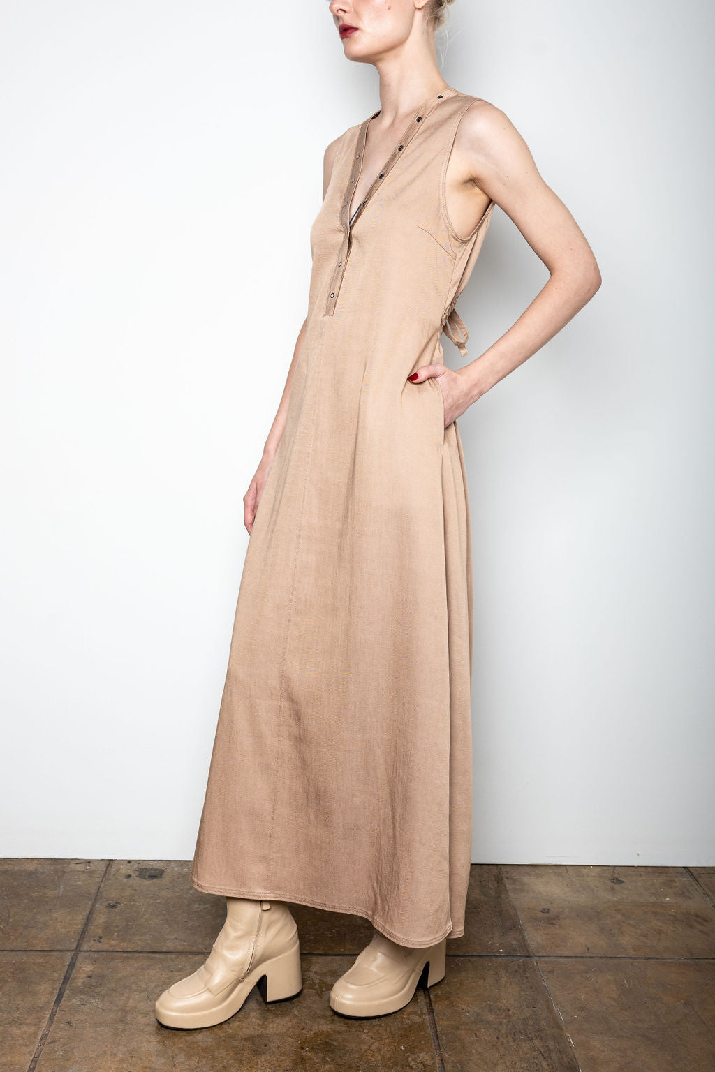 Eco Denim V Neck Long Dress with Cut Out Back - VALLEY Dress STYLEM