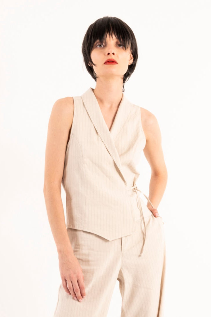 Stretch Pin Stripe Linen Shawl Collar Wrap Vest - YUKI Vest STYLEM