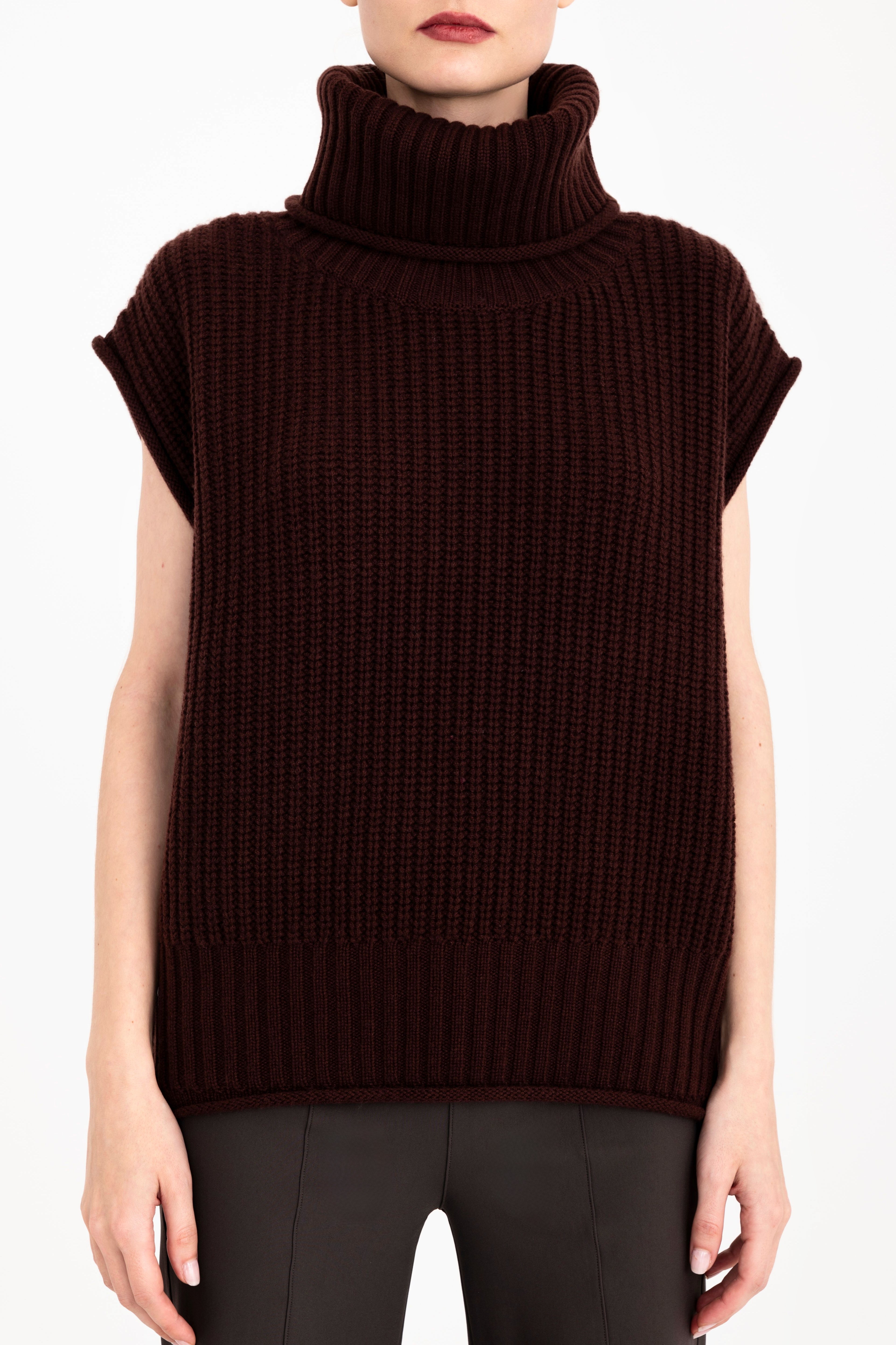 Cashmere Blend Turtle Neck Vest with Side Zip - CARMEL Sweater YUE FENG