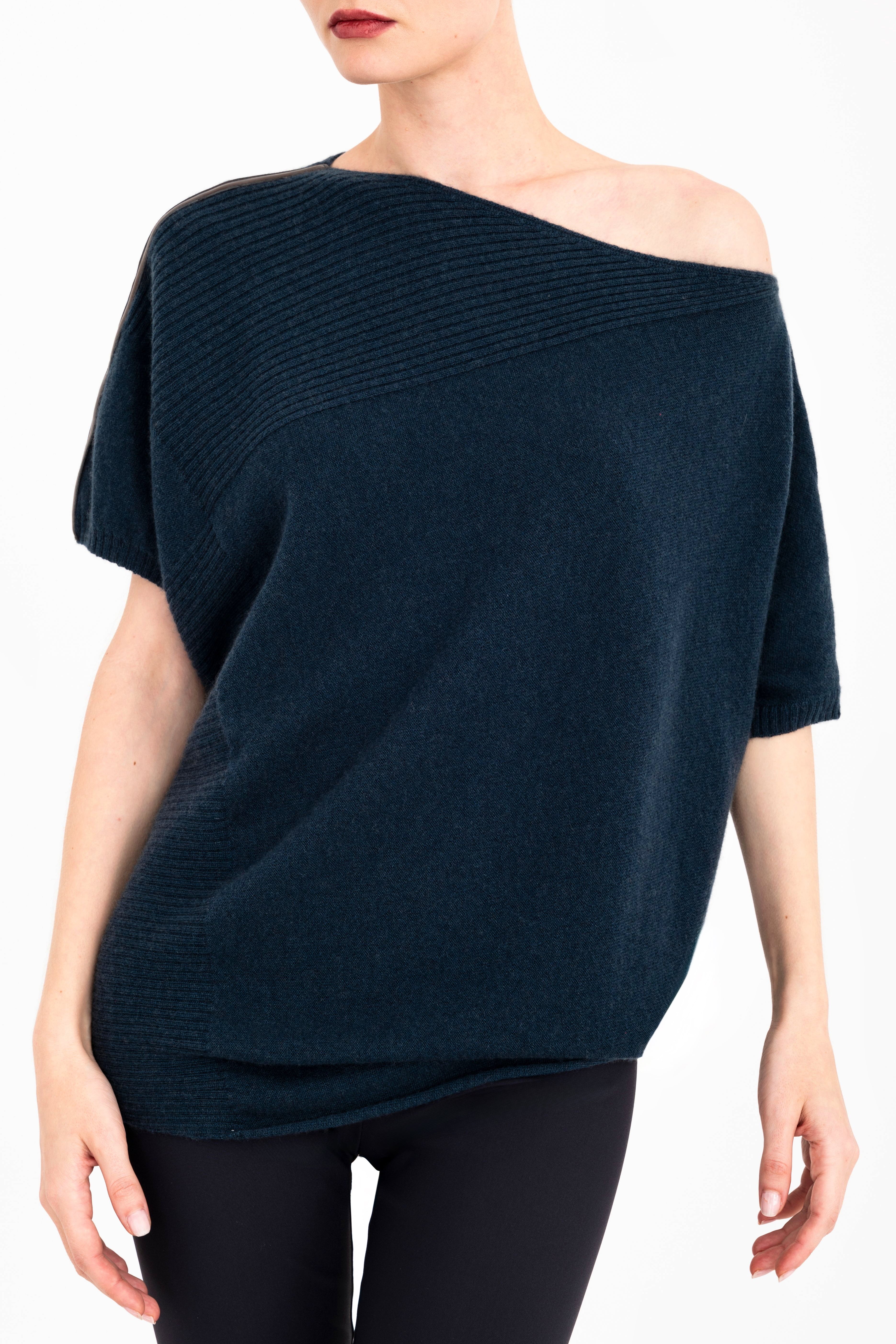 Cashmere Blend Asymmetrical Shell Top with Vegan Leather Trim - CARRARA Sweater YUE FENG Abyss P