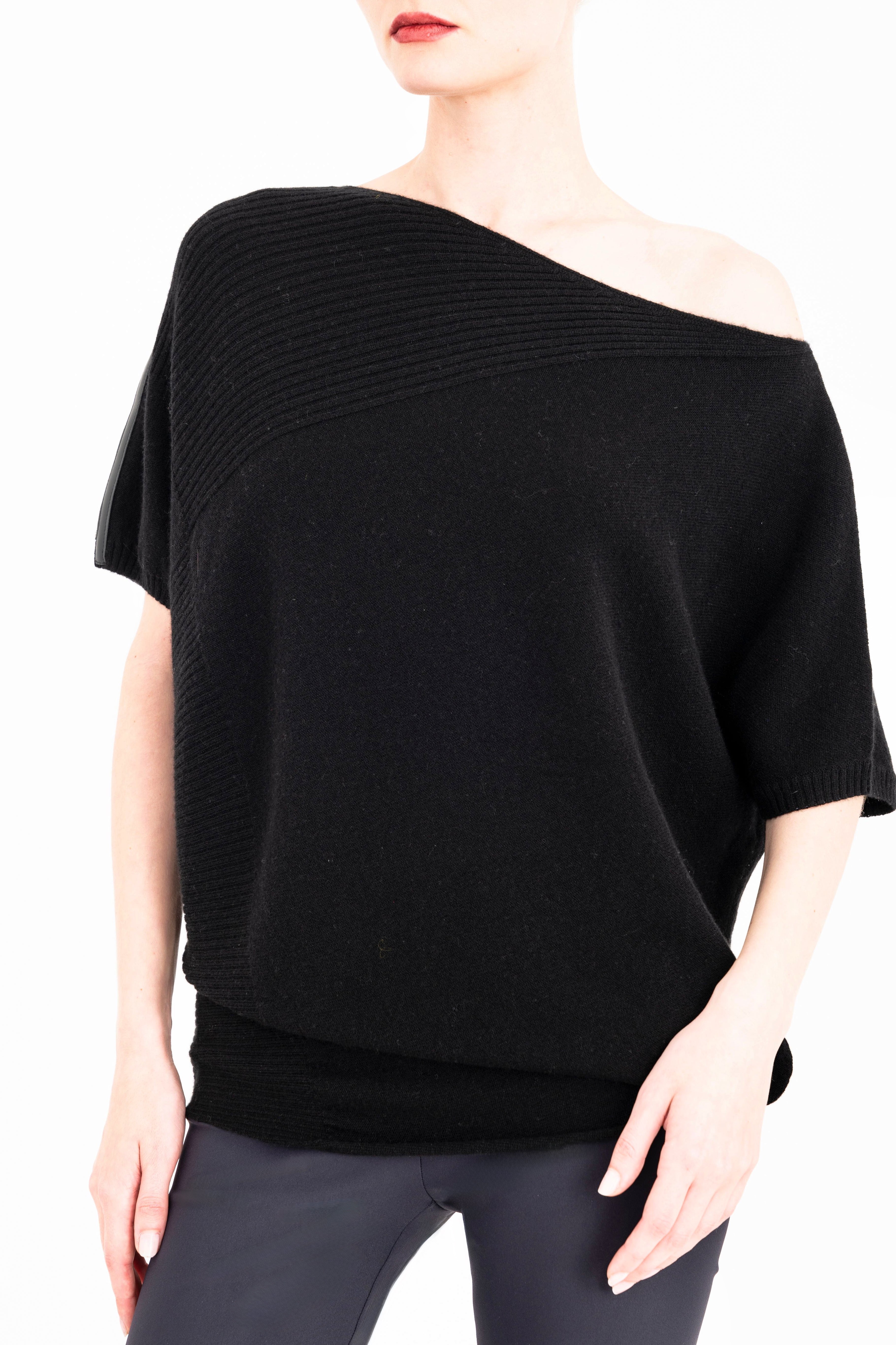 Cashmere Blend Asymmetrical Shell Top with Vegan Leather Trim - CARRARA Sweater YUE FENG