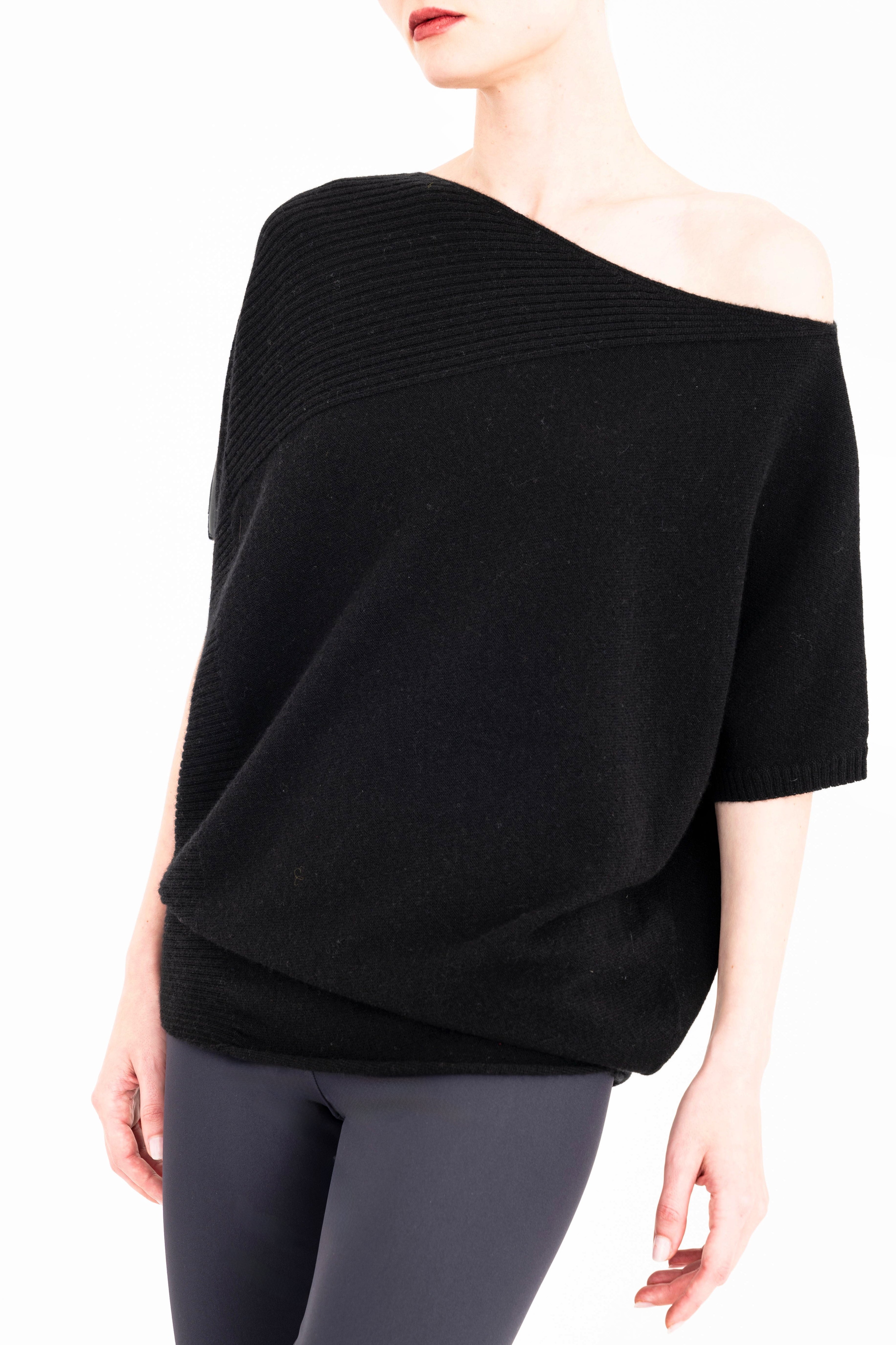 Cashmere Blend Asymmetrical Shell Top with Vegan Leather Trim - CARRARA Sweater YUE FENG Black P