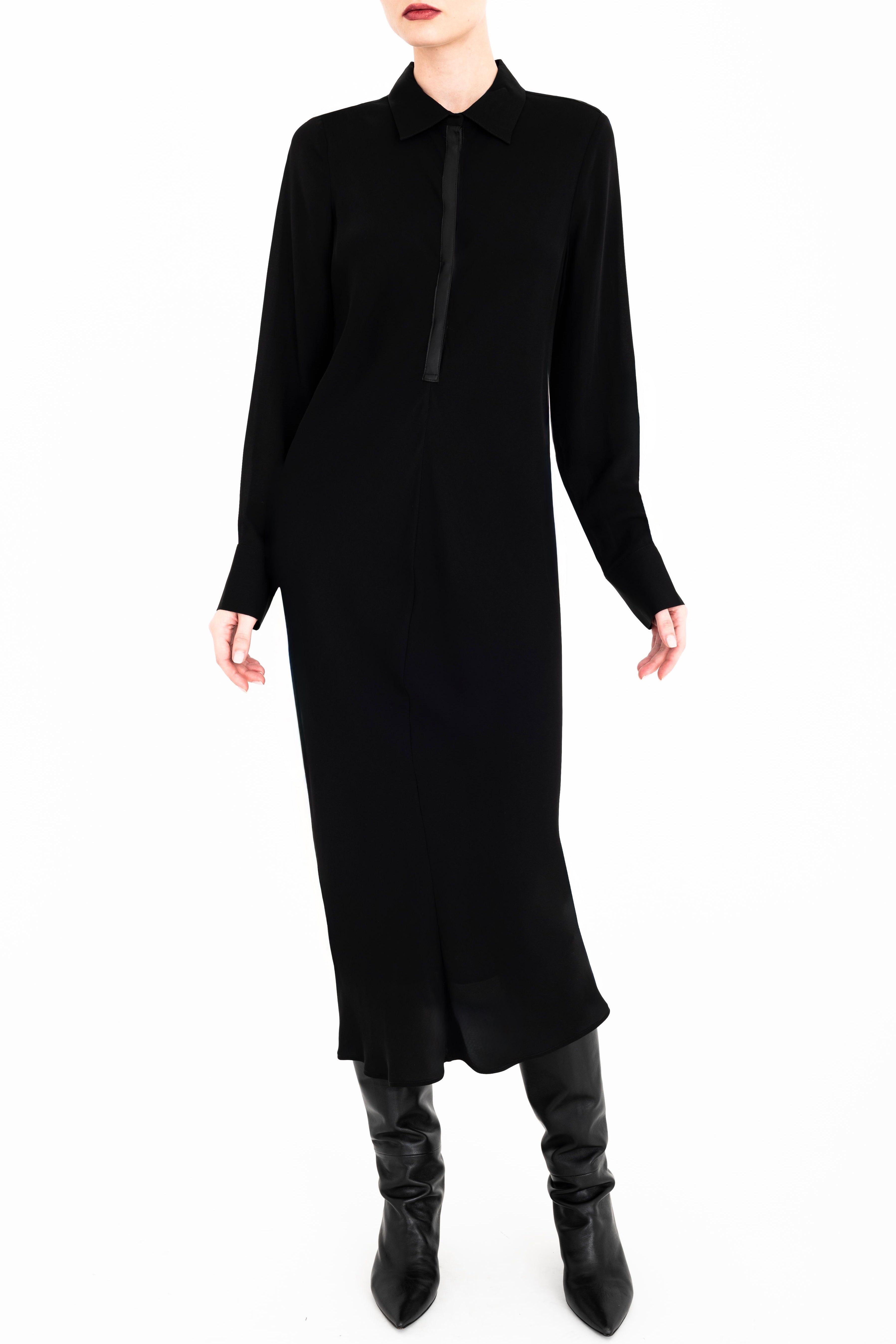 Silk Georgette Bias Shirt Dress with Vegan Leather Trim - CHANTAL Dress General Orient