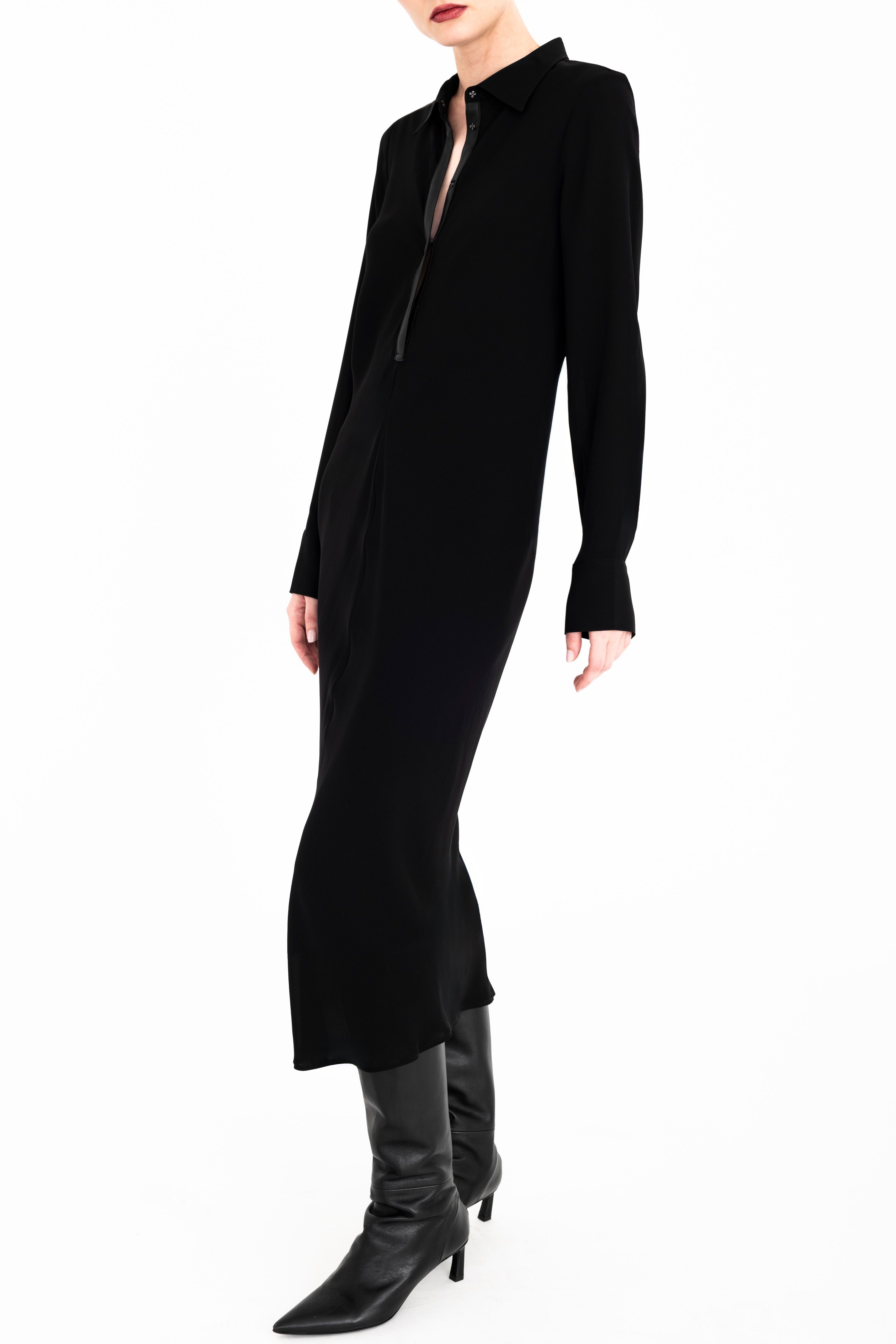 Silk Georgette Bias Shirt Dress with Vegan Leather Trim - CHANTAL Dress General Orient Black P