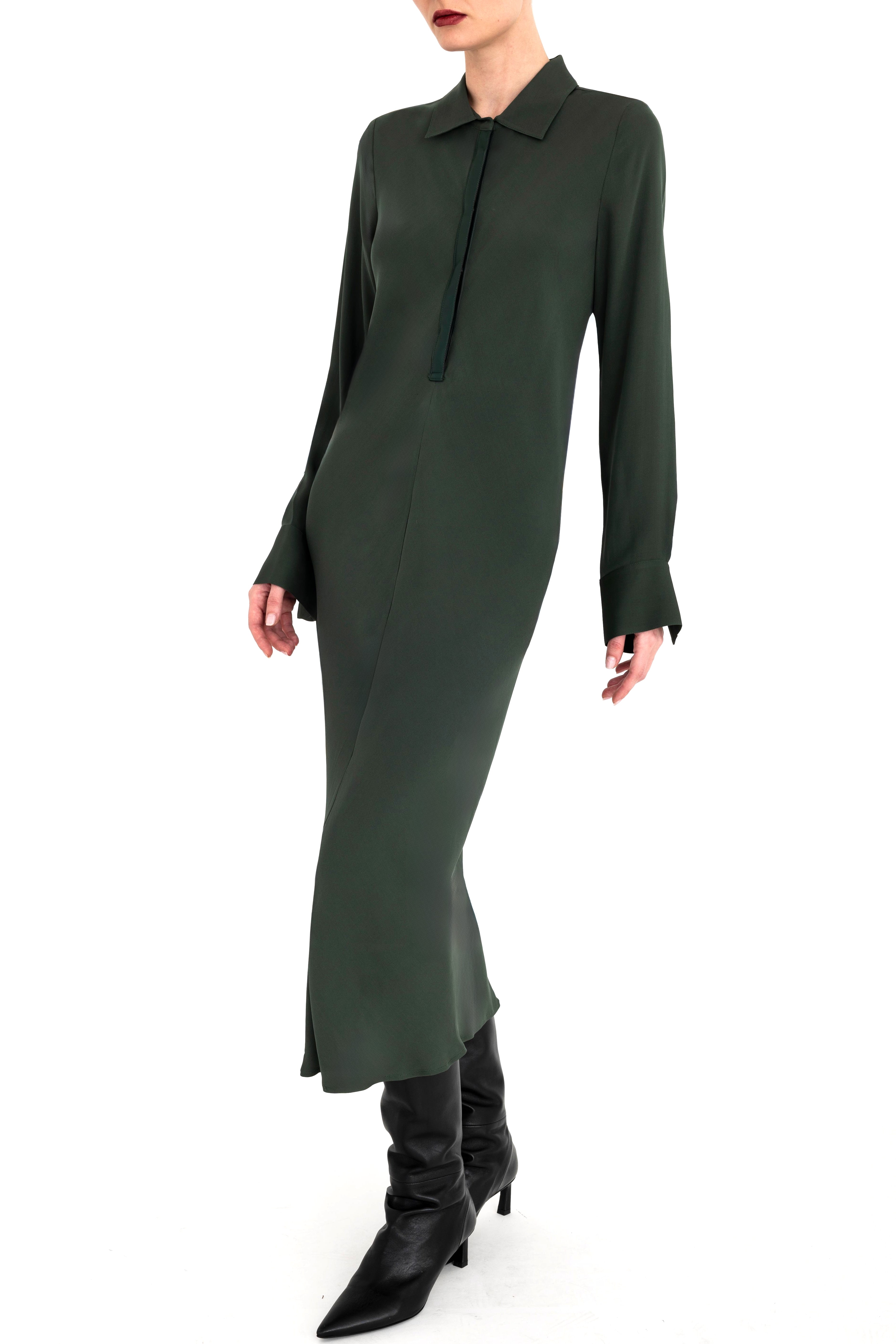 Silk Georgette Bias Shirt Dress with Vegan Leather Trim - CHANTAL Dress General Orient Kelp Silk P