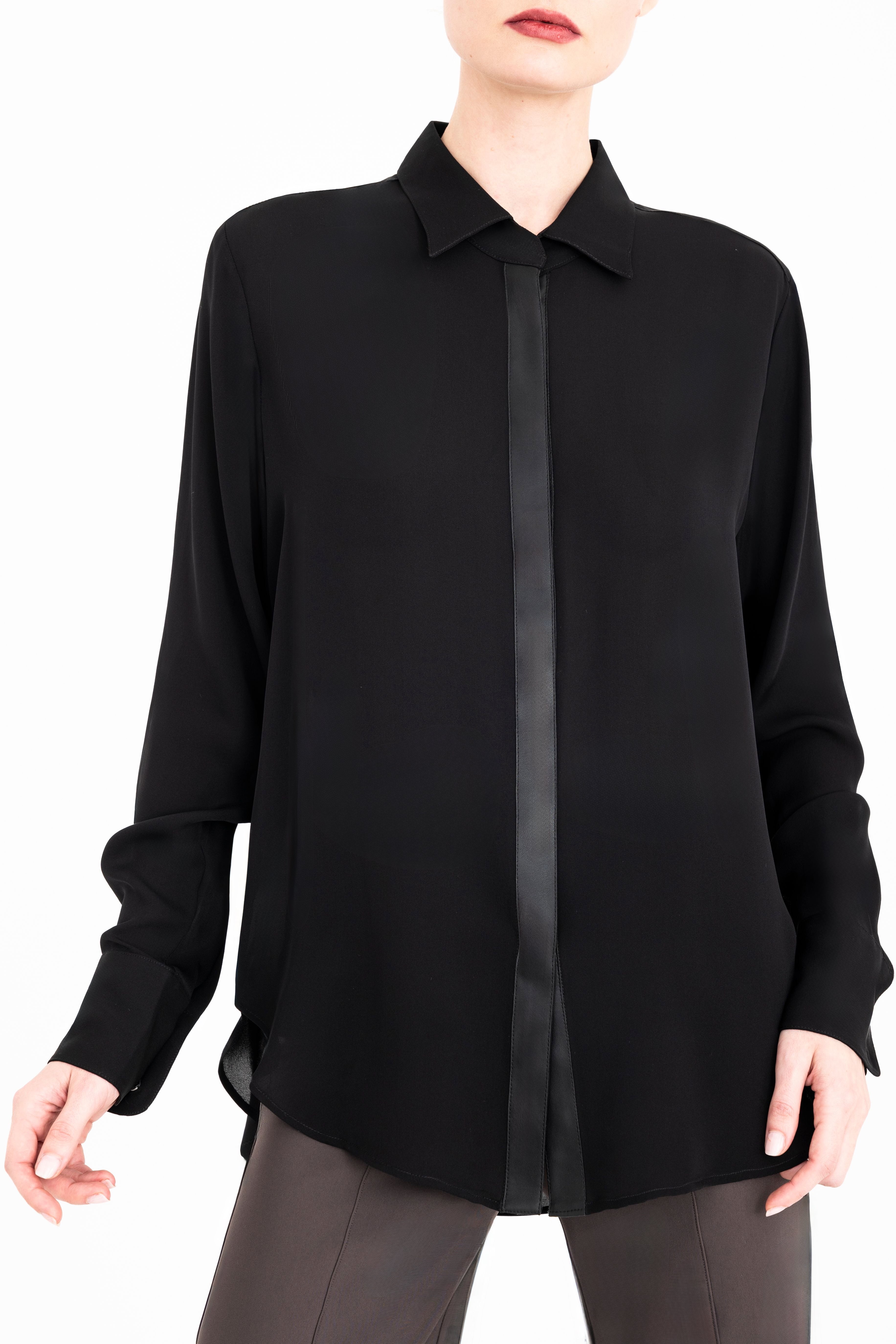 Silk Georgette Button Up Shirt with Vegan Leather Trim - CISUSS Top GENERAL ORIENT Black P