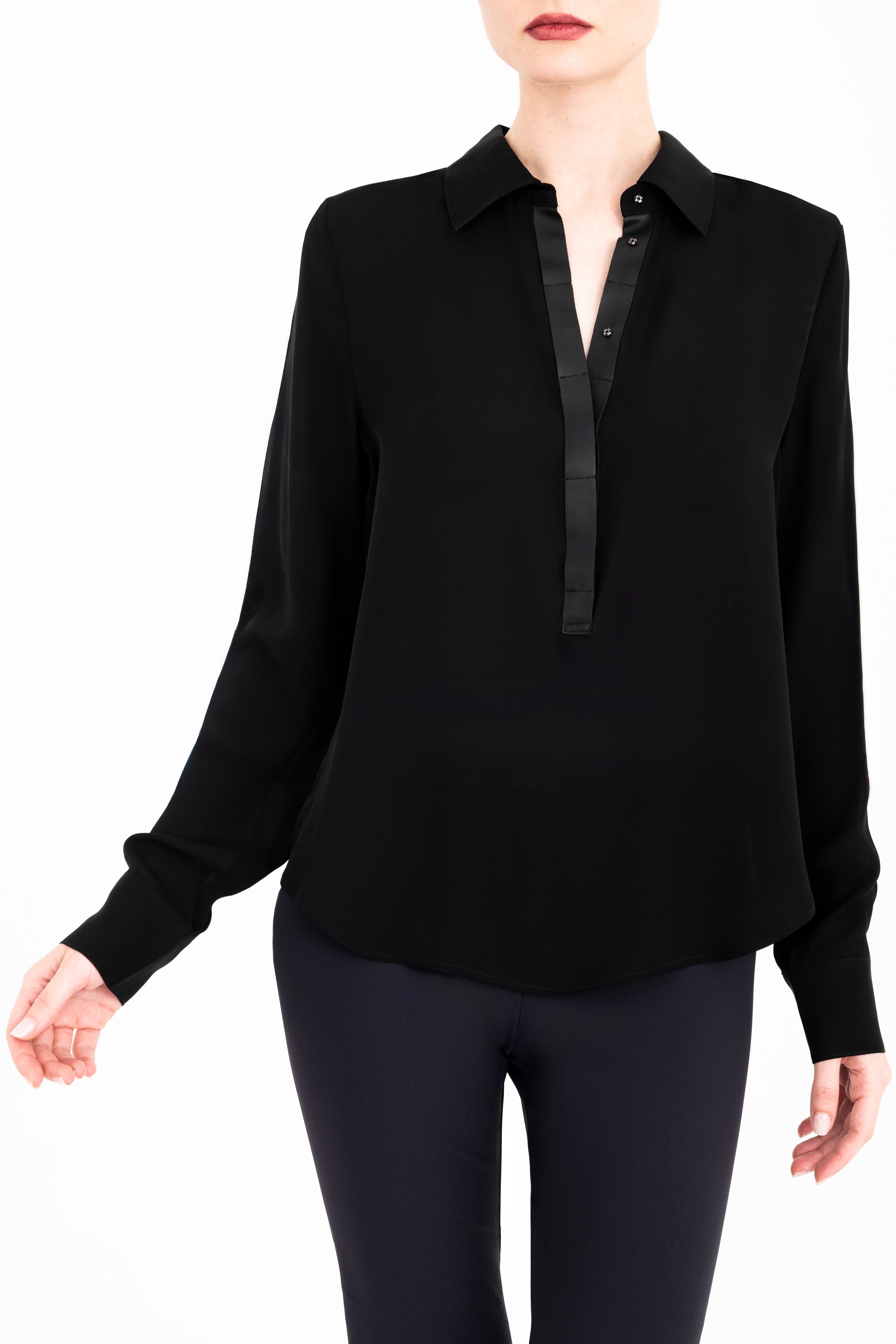 Silk Georgette Pullover Shirt with Vegan Leather Trim - CLARICE Top General Orient Black P