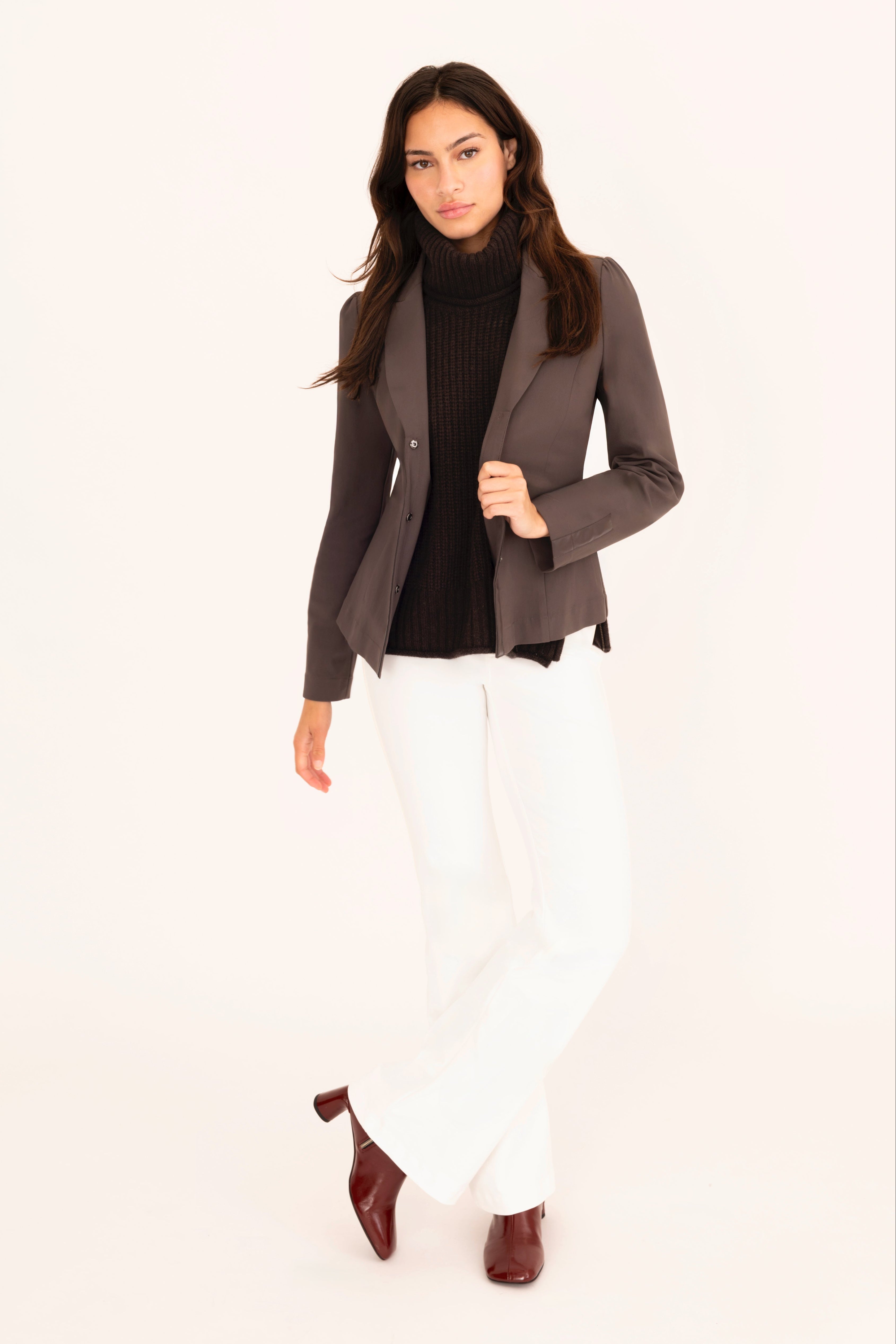 Tech Stretch Puff Sleeve Blazer with Vegan Leather Trim - CARLYLE Jacket GENERAL ORIENT