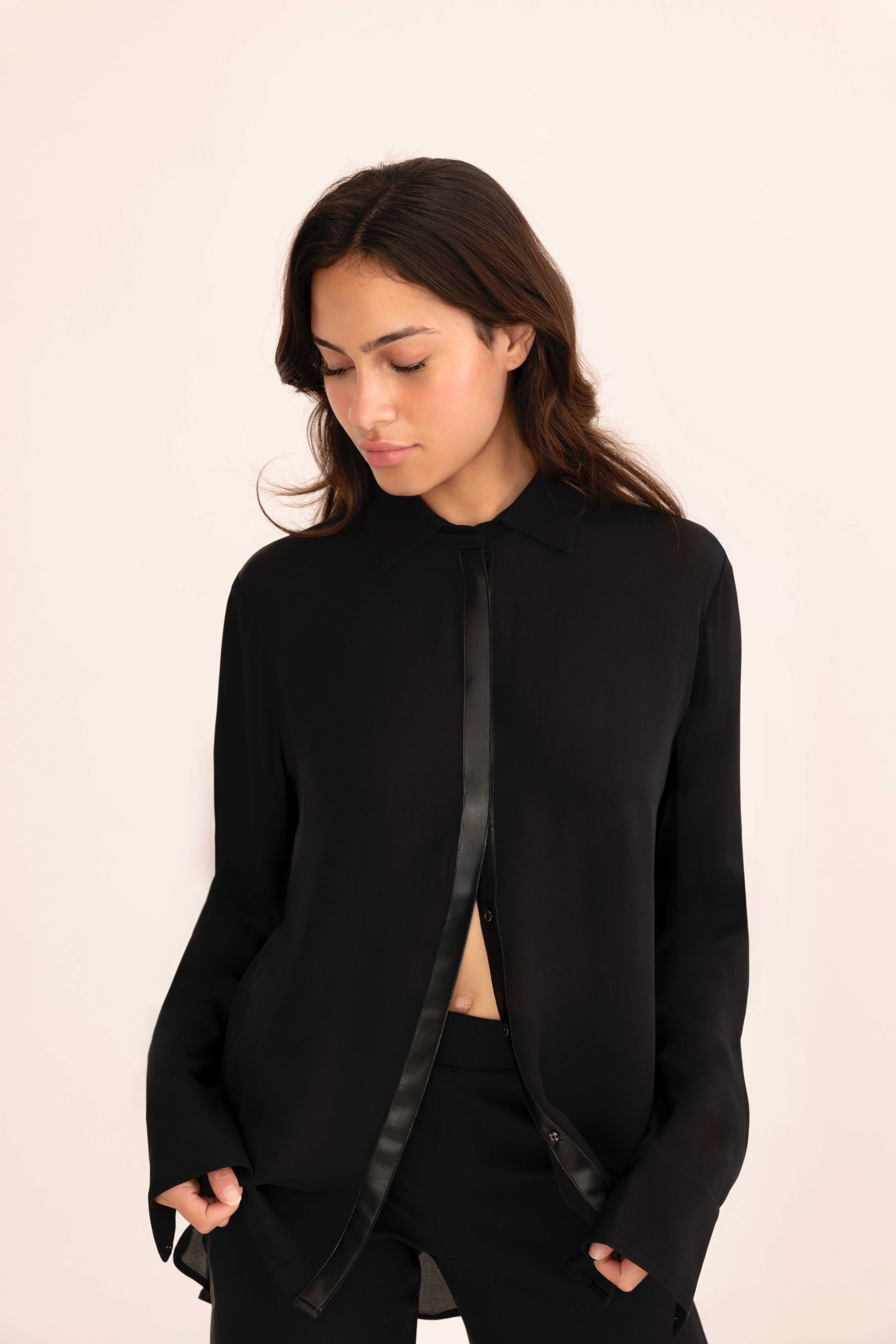 Silk Georgette Button Up Shirt with Vegan Leather Trim - CISUSS Top GENERAL ORIENT