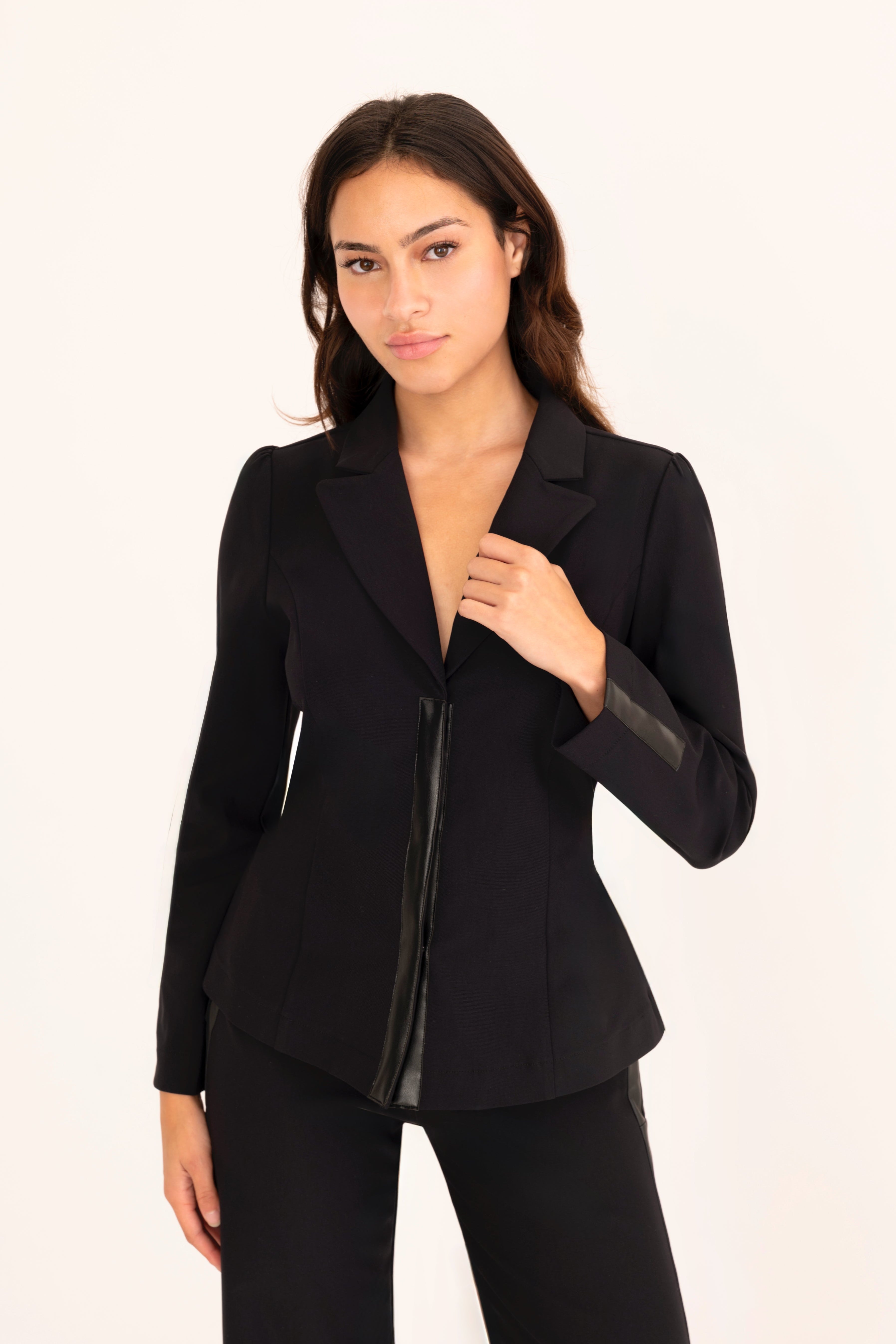 Tech Stretch Puff Sleeve Blazer with Vegan Leather Trim - CARLYLE Jacket GENERAL ORIENT Black P