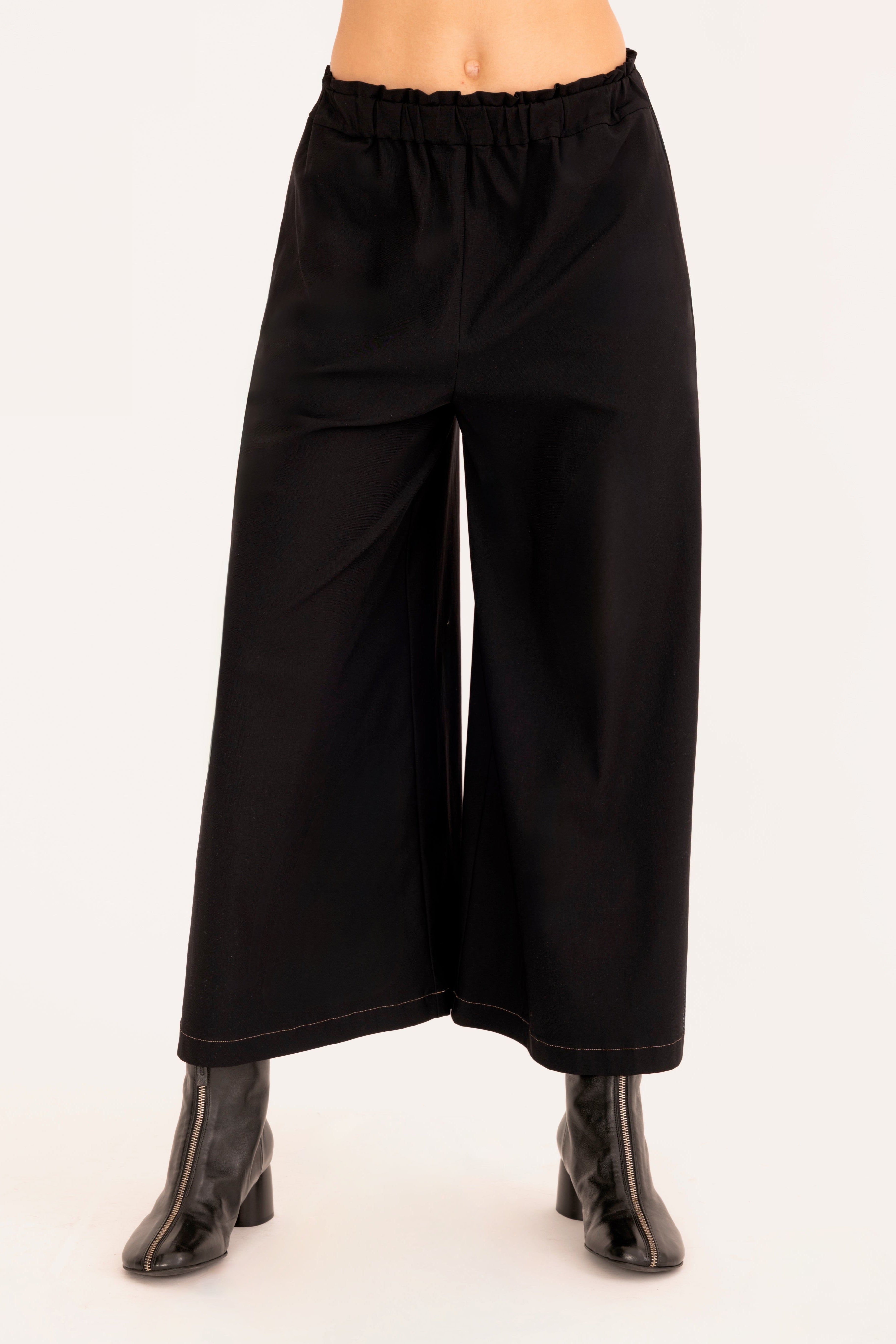 Front view of black culotte pant on a white background