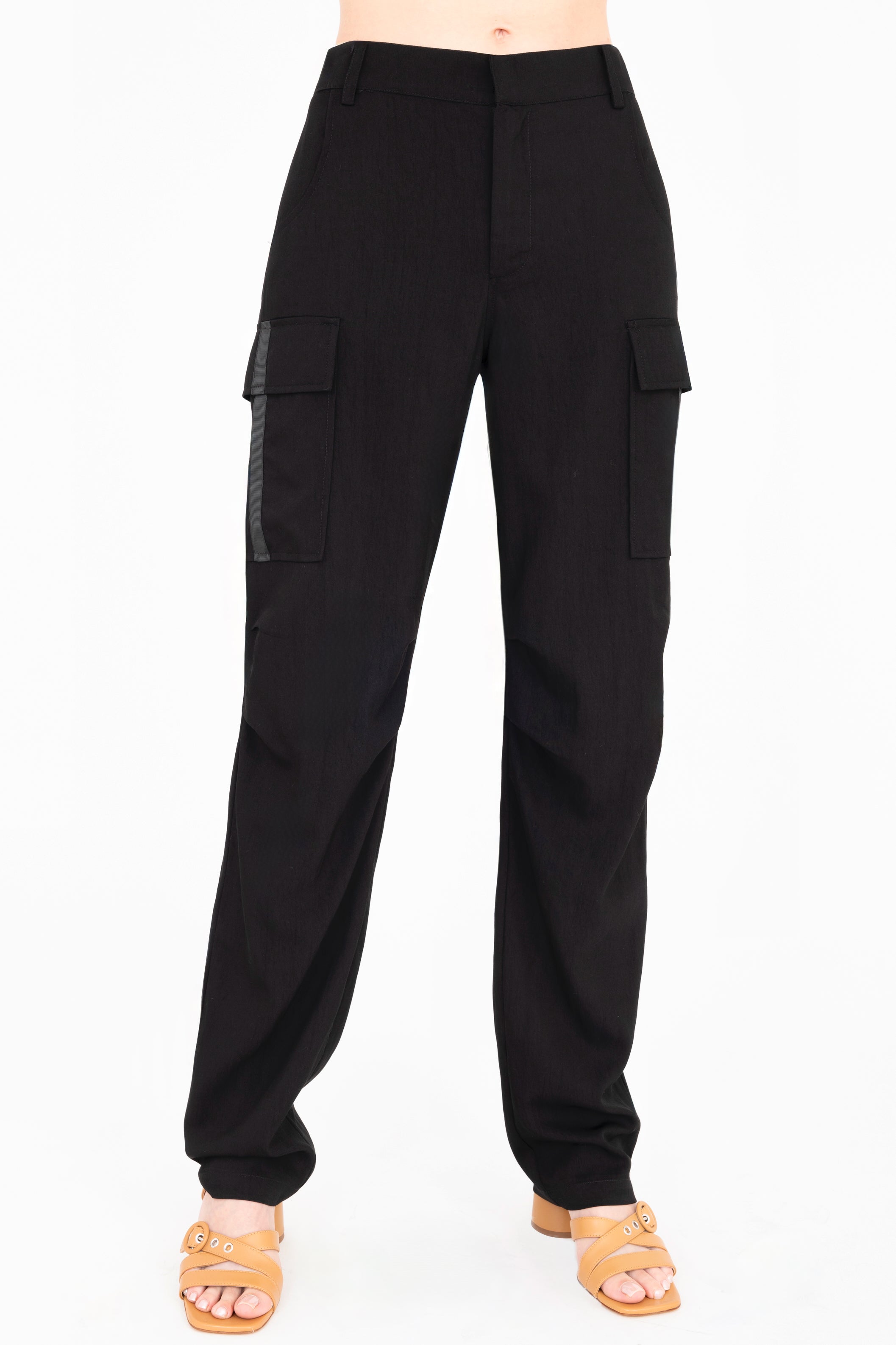 Front view of black cargo pants on a white background