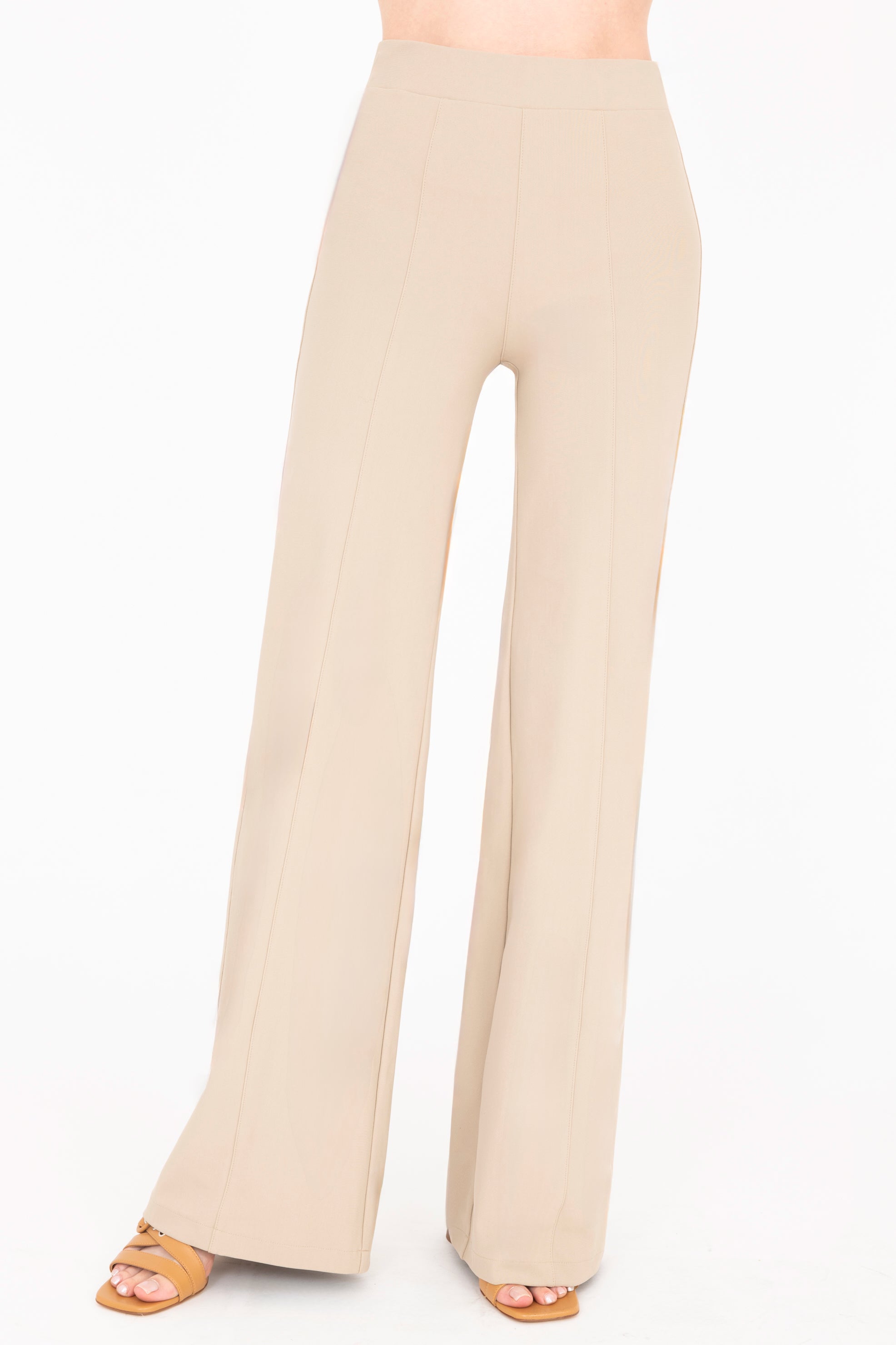 Front view of khaki wide-leg pants on a white background