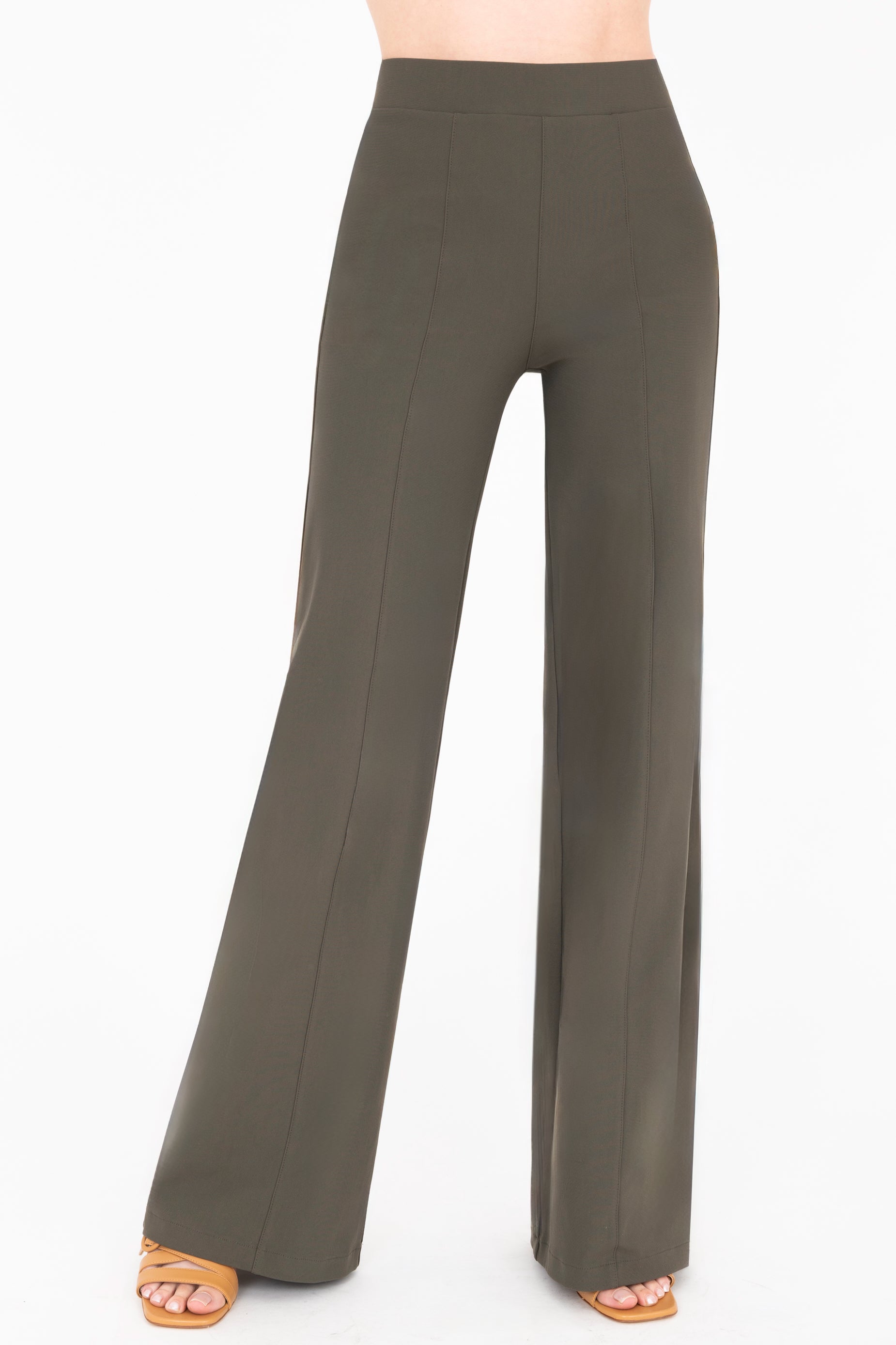 Front view of olive green wide-leg pants on a white background