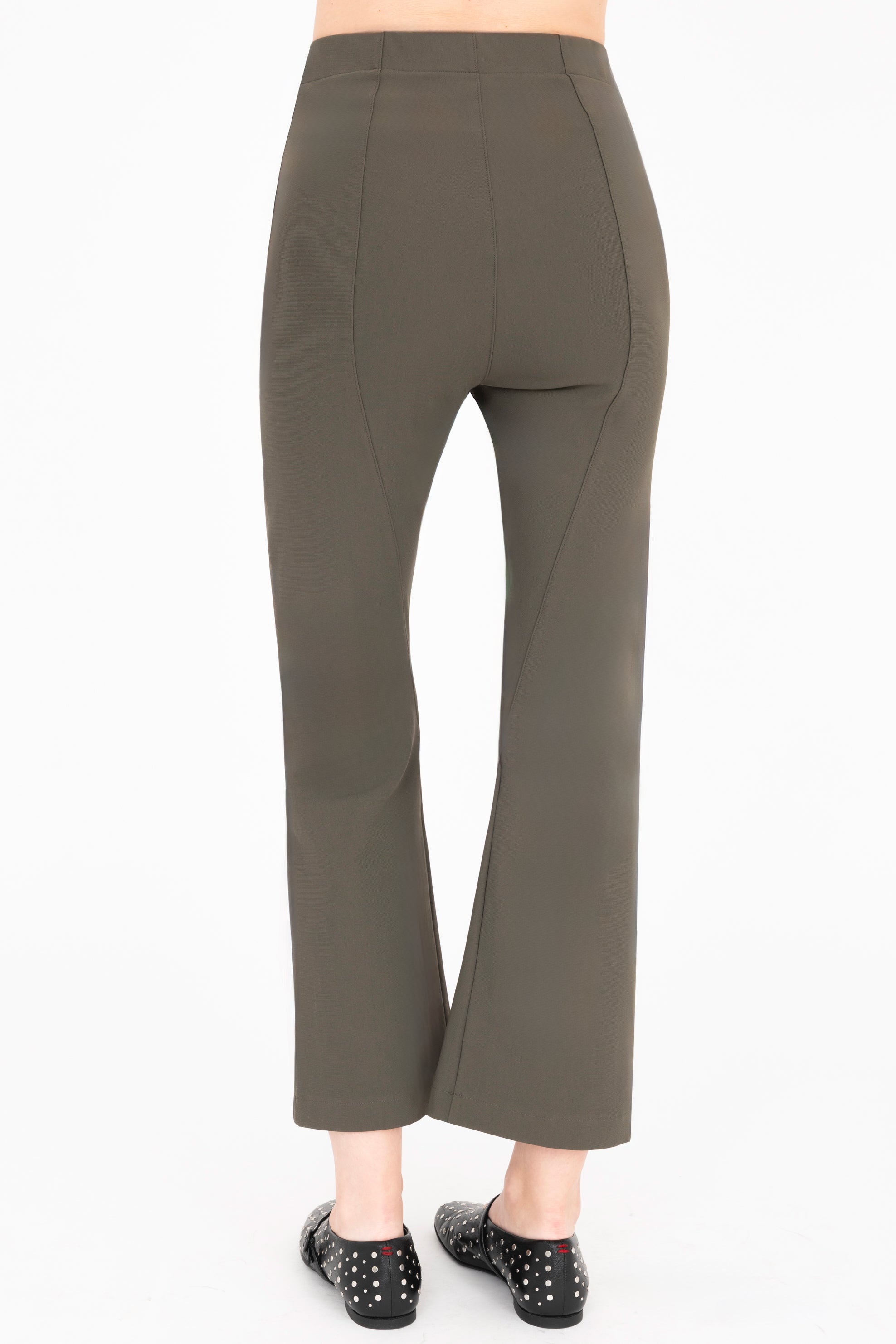 Back view of olive green cargo pants on a white background