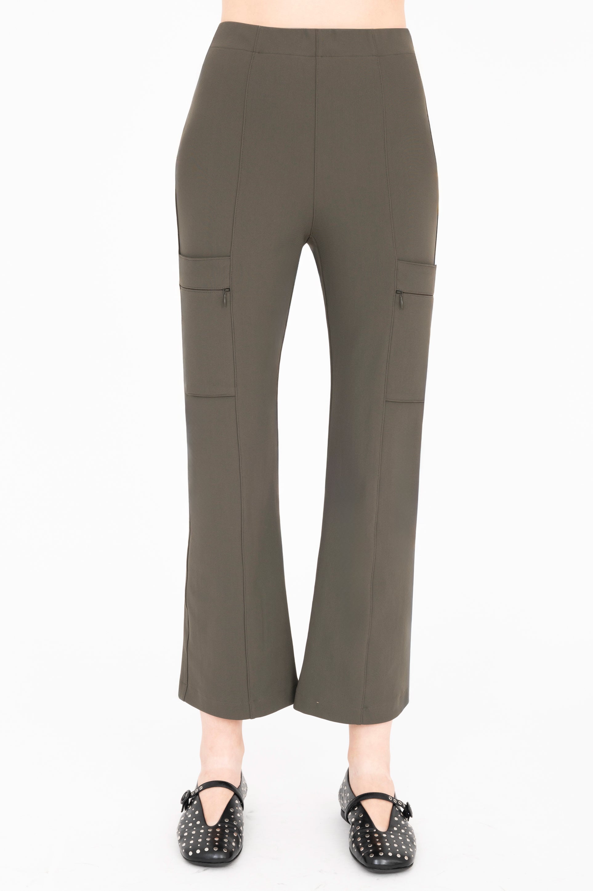 Front view of olive green cargo pants on a white background
