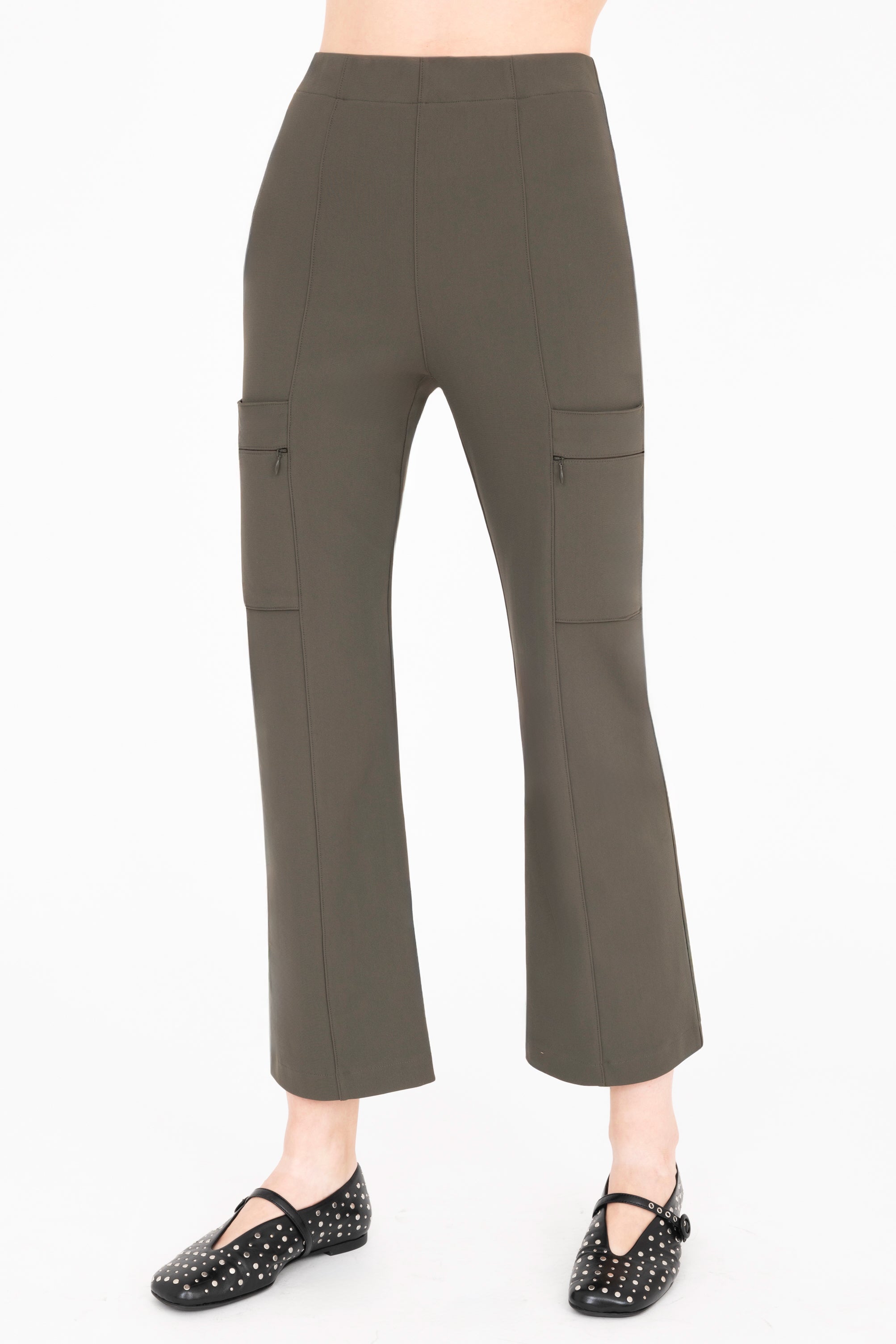 Quarter view of olive green cargo pants on a white background
