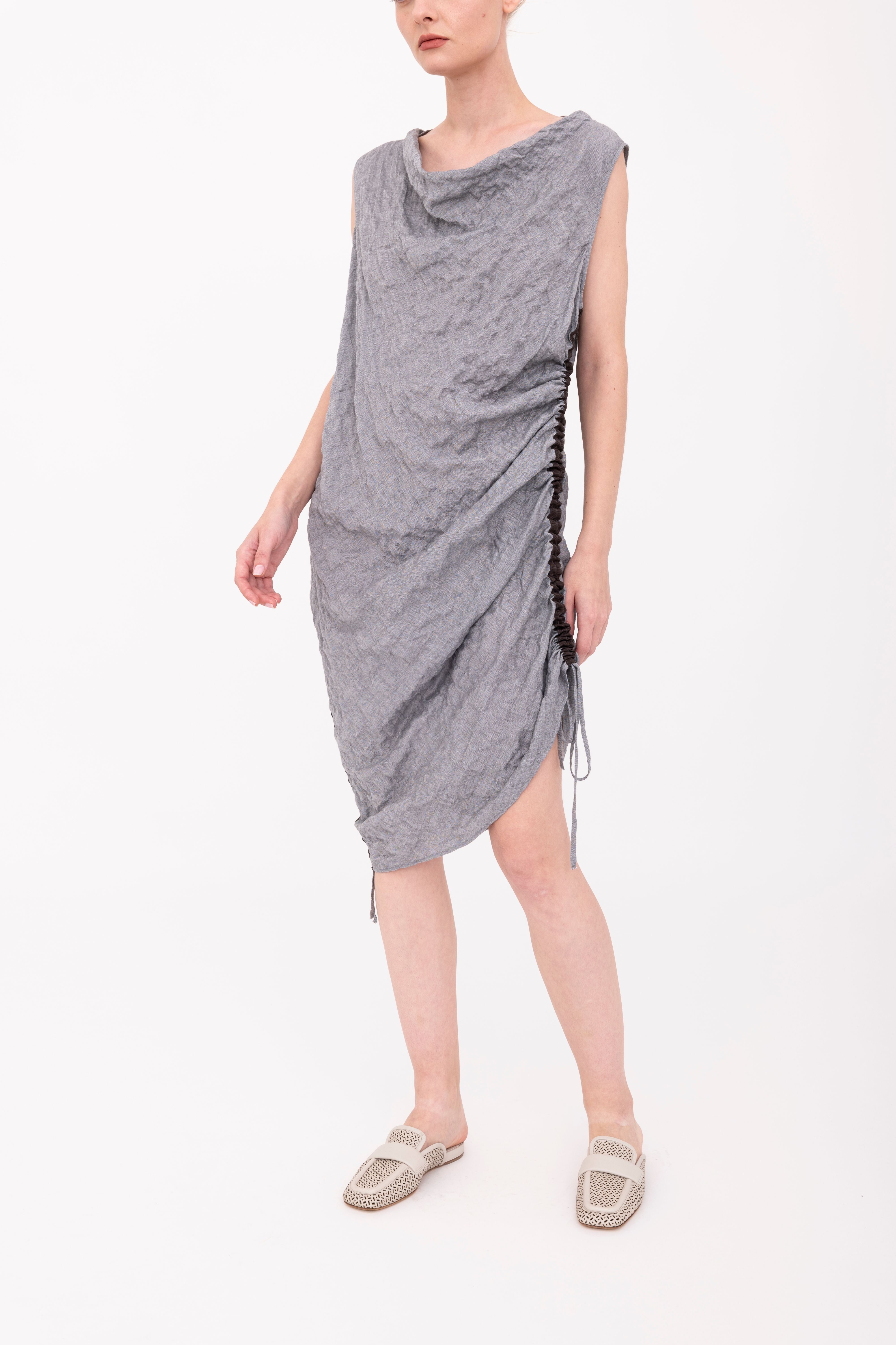 Textured Cotton Side Ruching Dress - BROOKLYN Dress GENERAL ORIENT Stone P