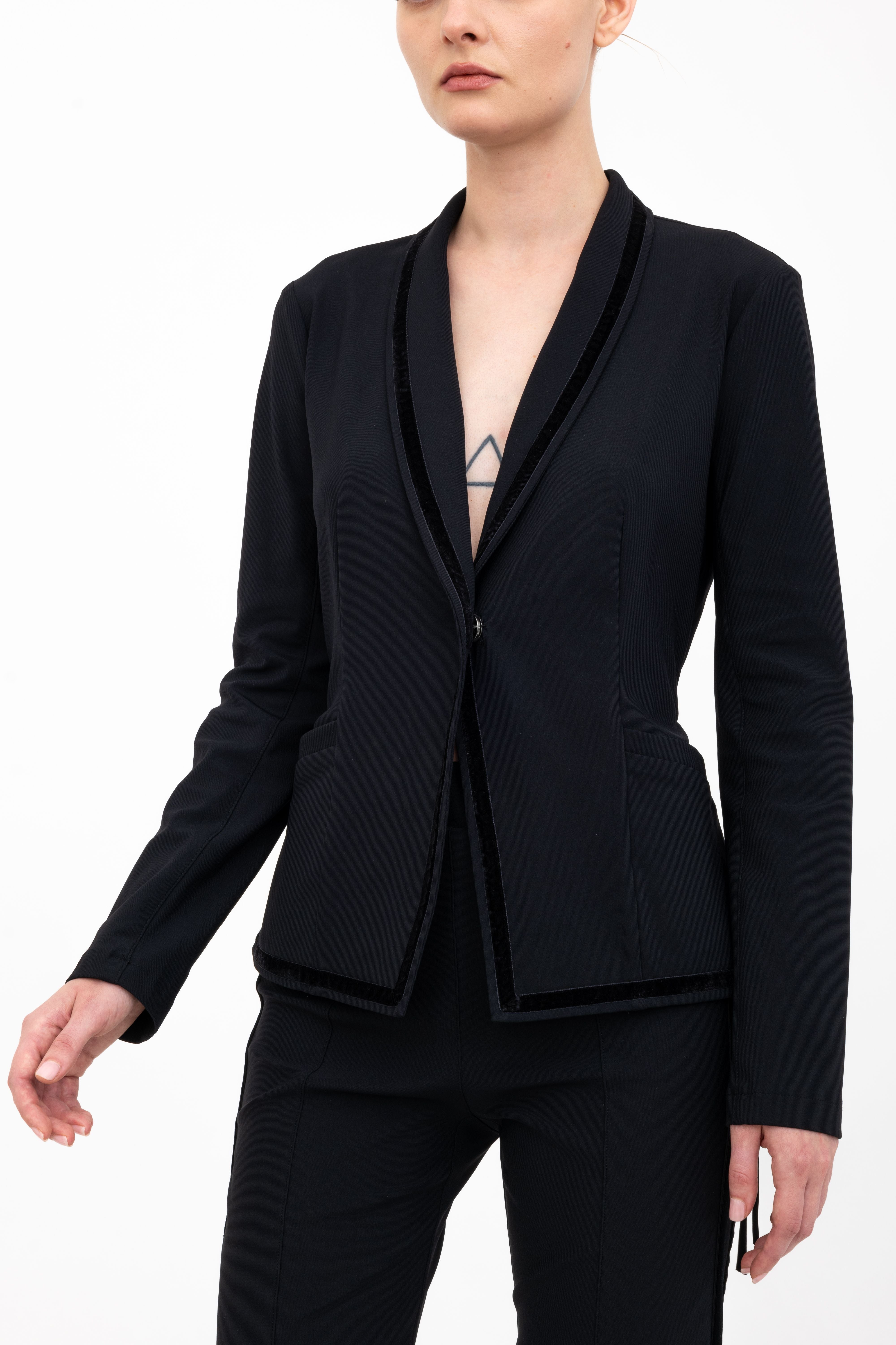 Tech Stretch Shawl Collar Short Blazer with Velvet Stripe - ARLETTE Jacket GENERAL ORIENT Black P
