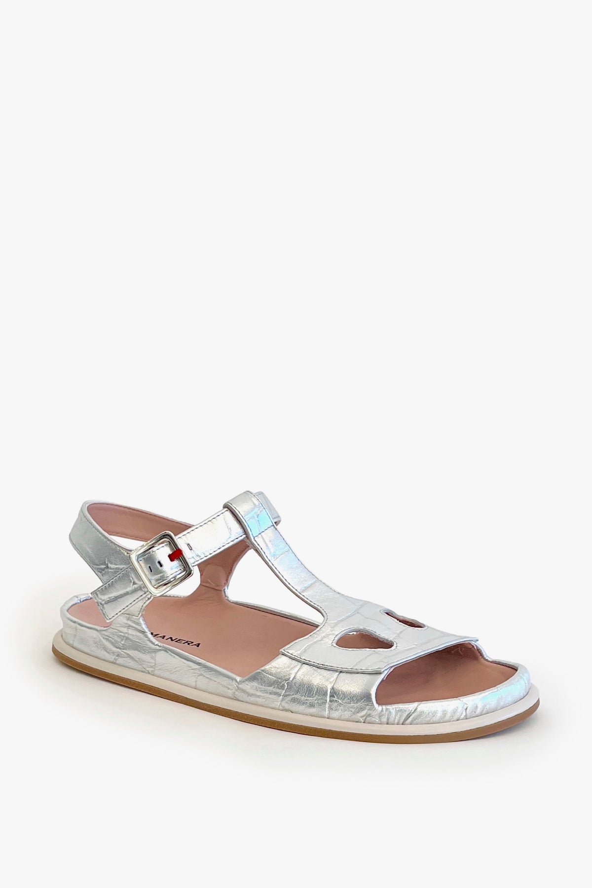 Silver croco ankle strap flat sandal on a white background