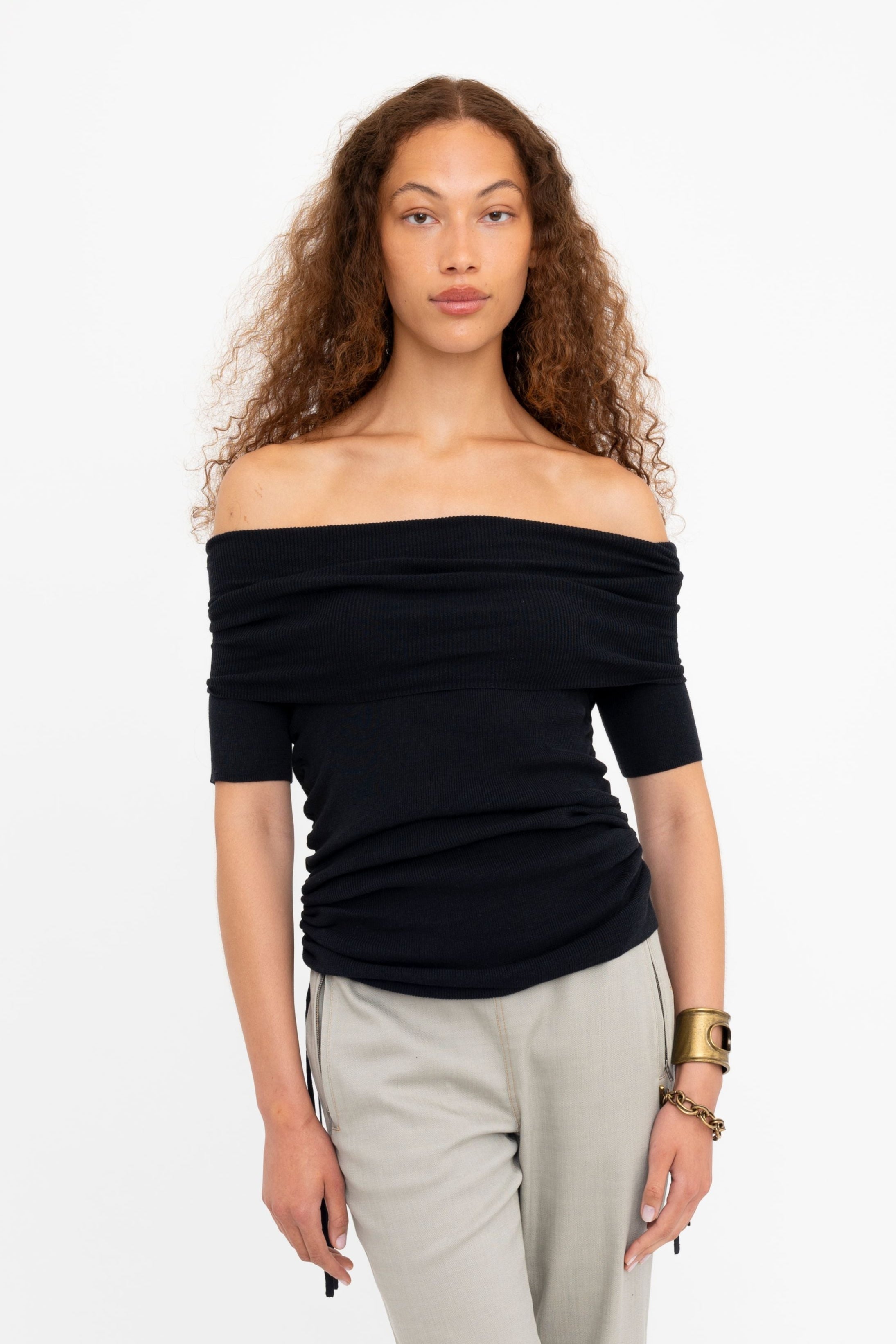 Organic Cotton Blend Off Shoulder Rib Knit Top - BICHON Sweater YUE FENG