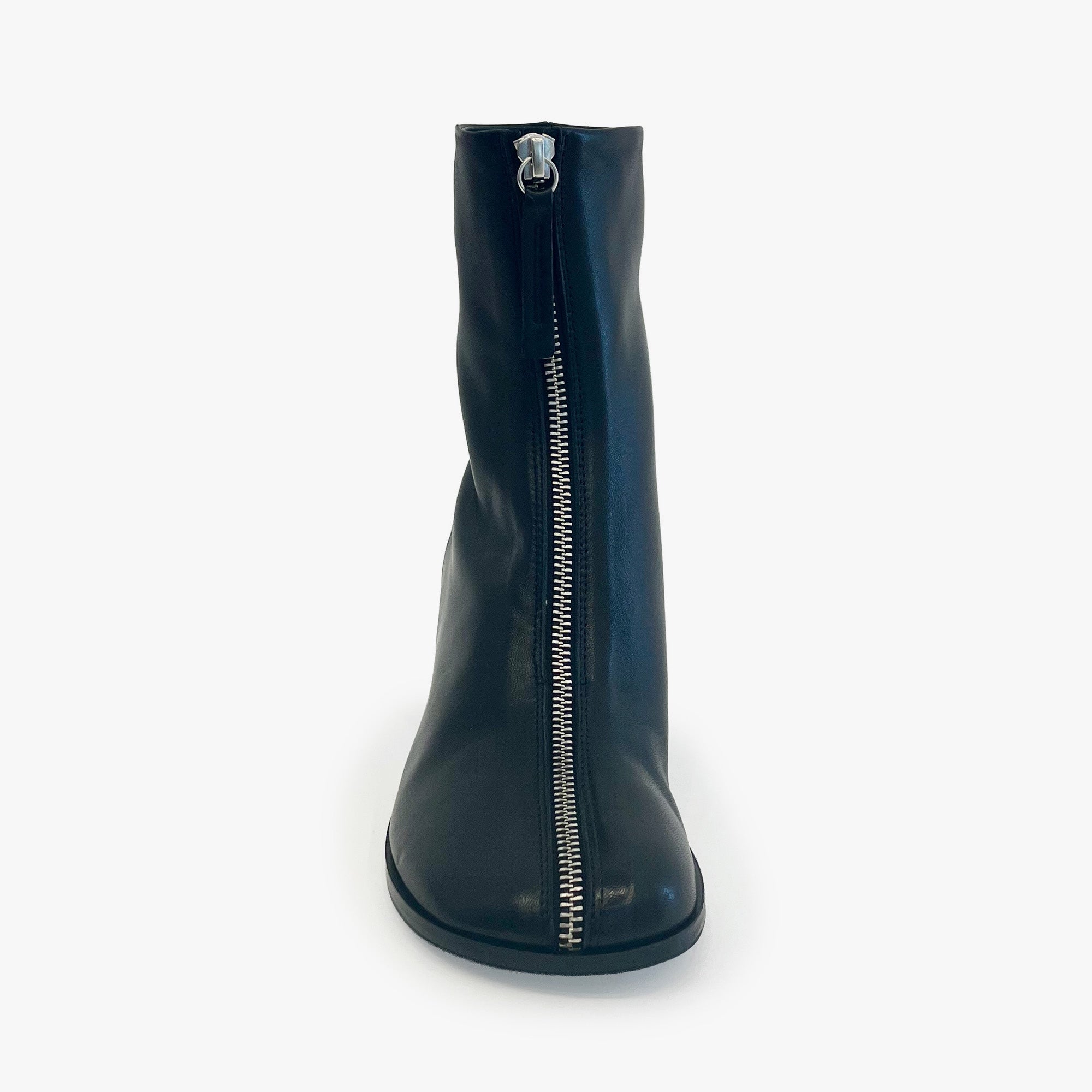 A single black leather ankle boot with a prominent silver zipper running down the center front, shown against a plain white background.