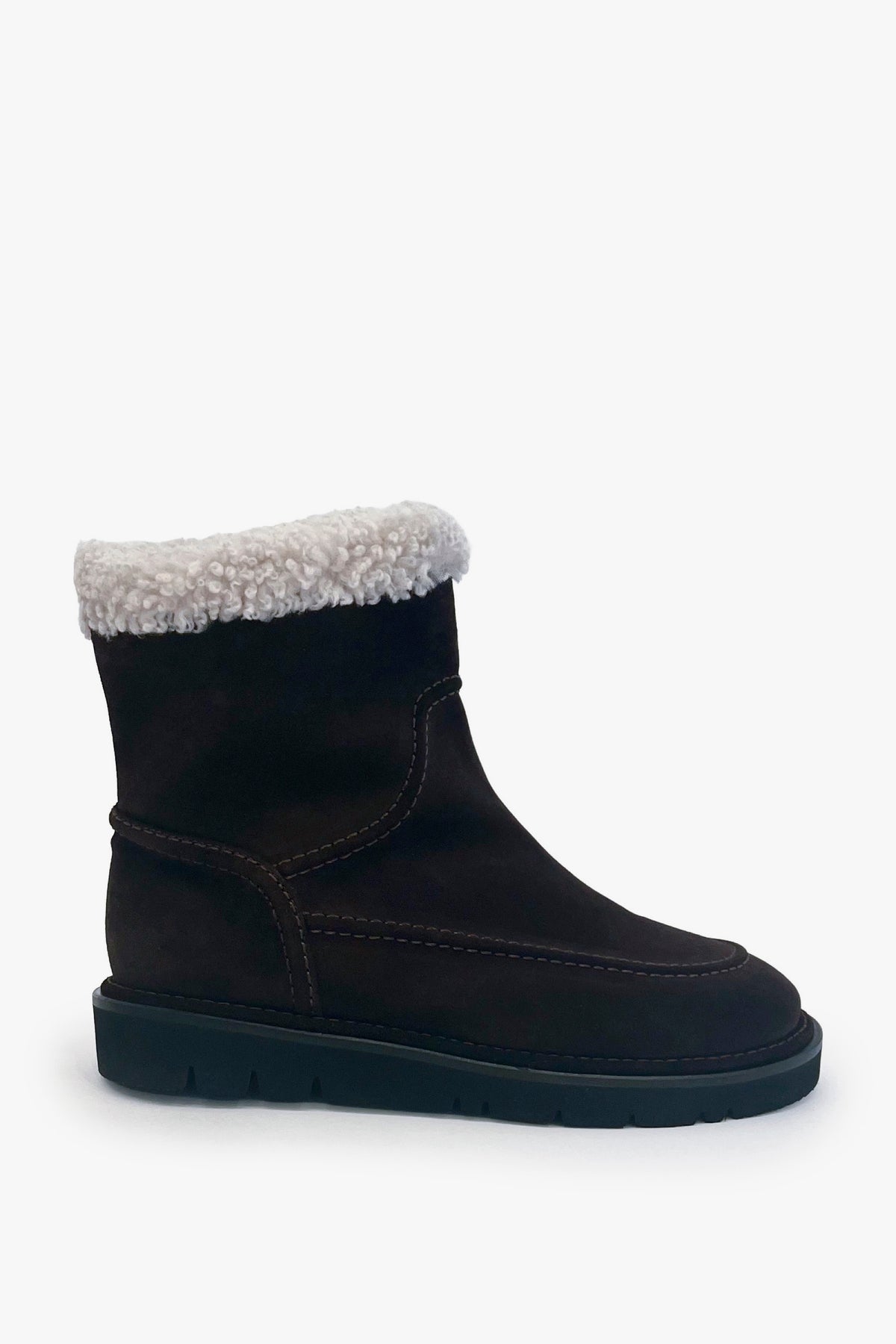 A single dark brown suede ankle boot with a white sherpa fleece trim on the collar and a black sole, shown against a plain white background.
