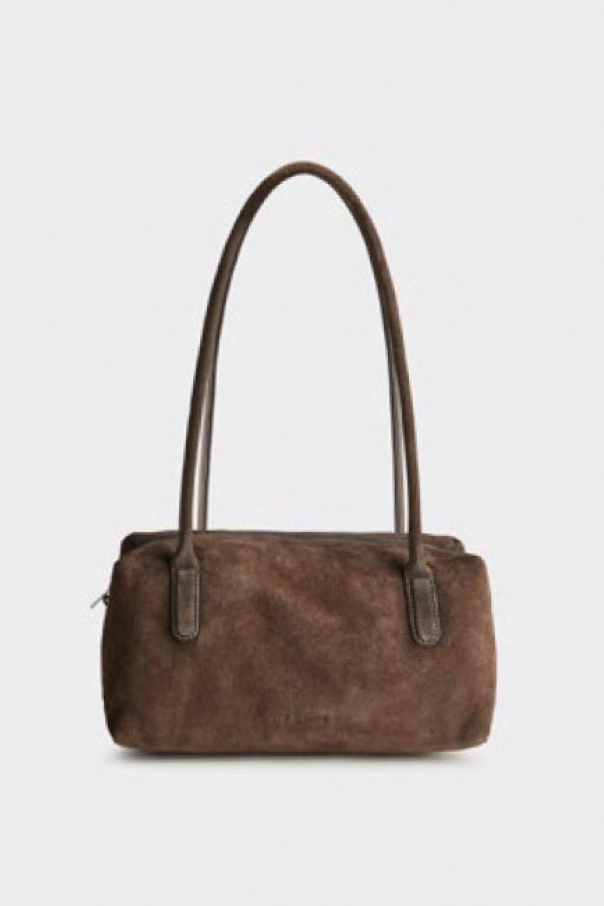 A brown suede bag with two shoulder straps, shown against a plain light gray background.