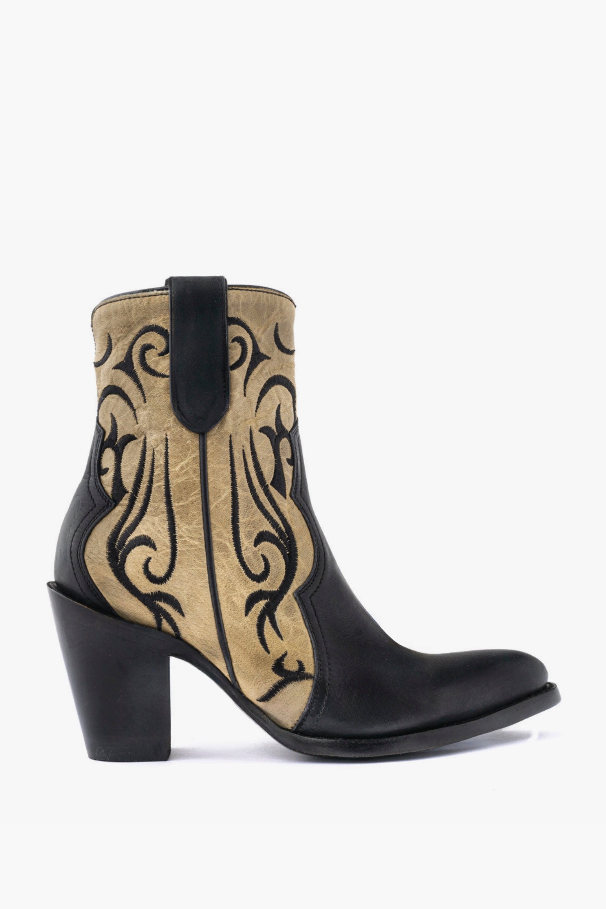 Black/Nude Cowboy Pointed Toe Inlay Ankle Boots