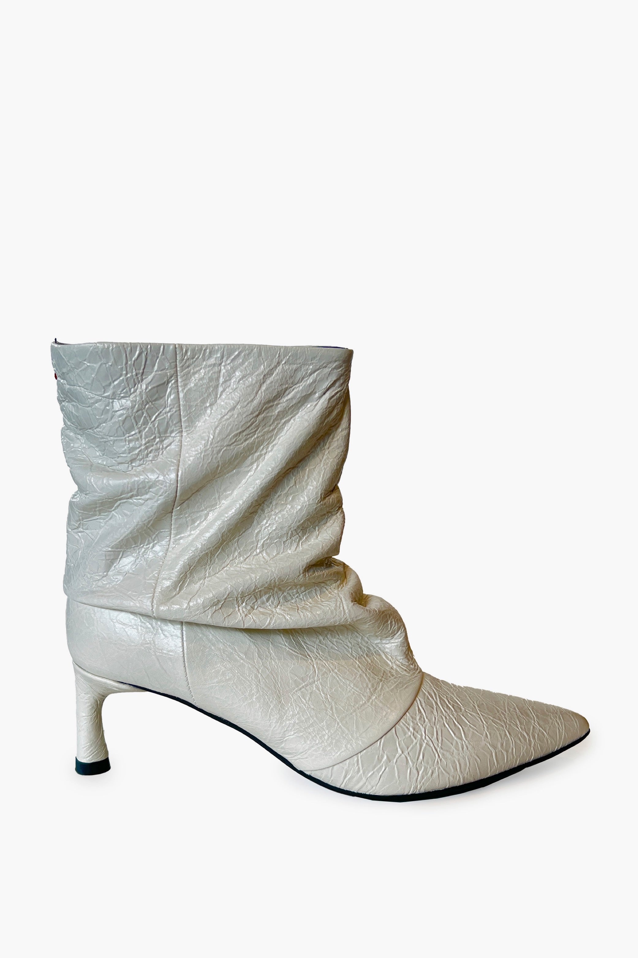 White Crinkle Leather Pointy Toe Ruched Ankle Boots
