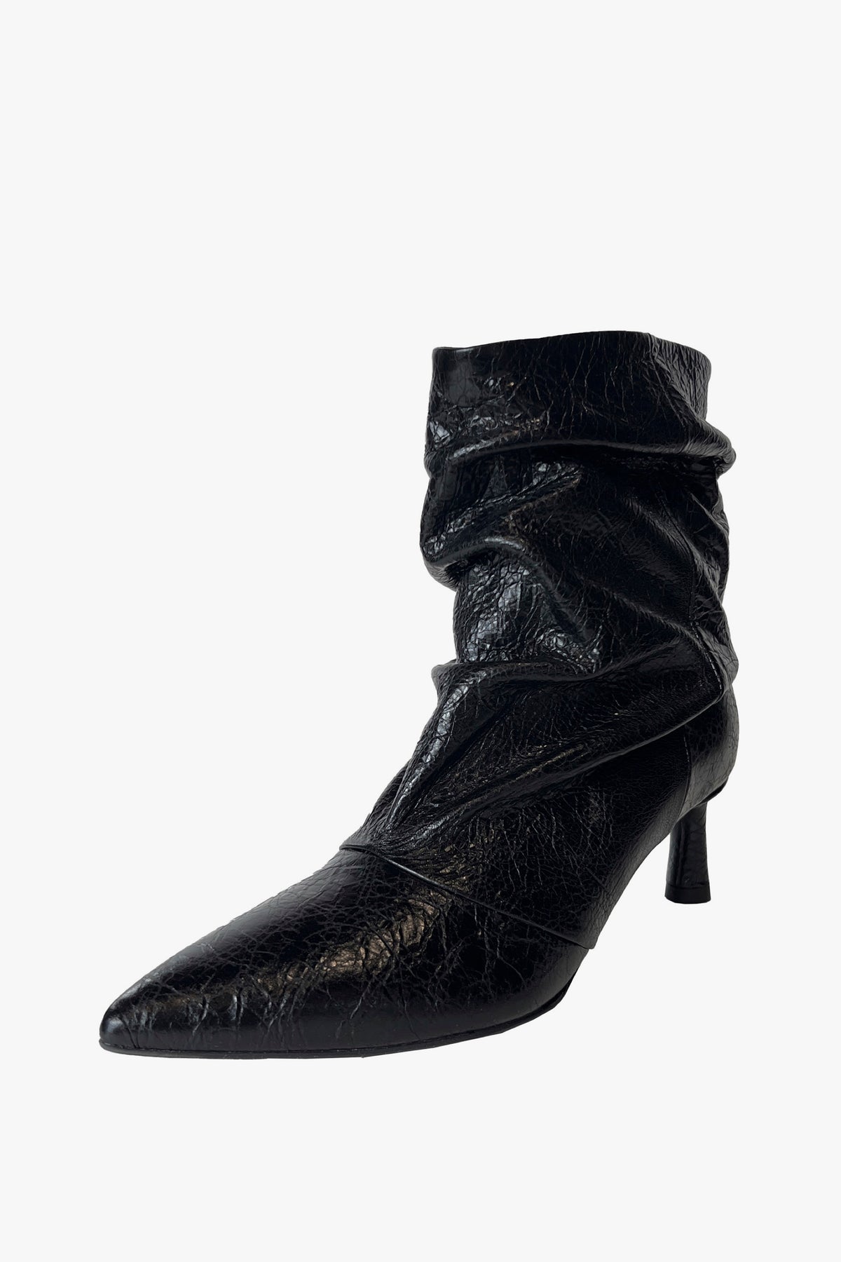 Black Crinkle Leather Pointy Toe Ruched Ankle Boots