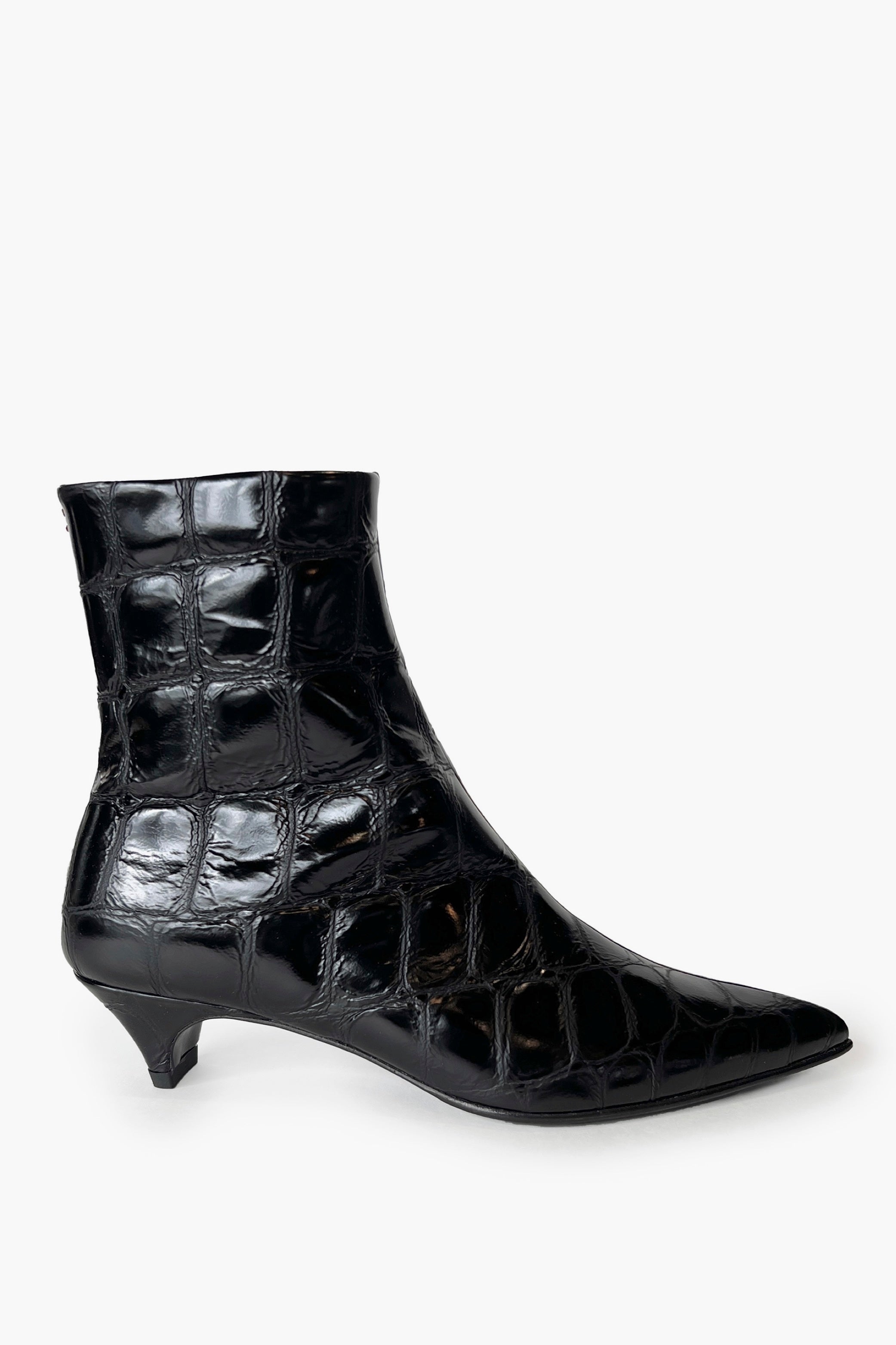 Black Croco Embossed Leather Pointy Toe Kitten Heel Ankle Boots