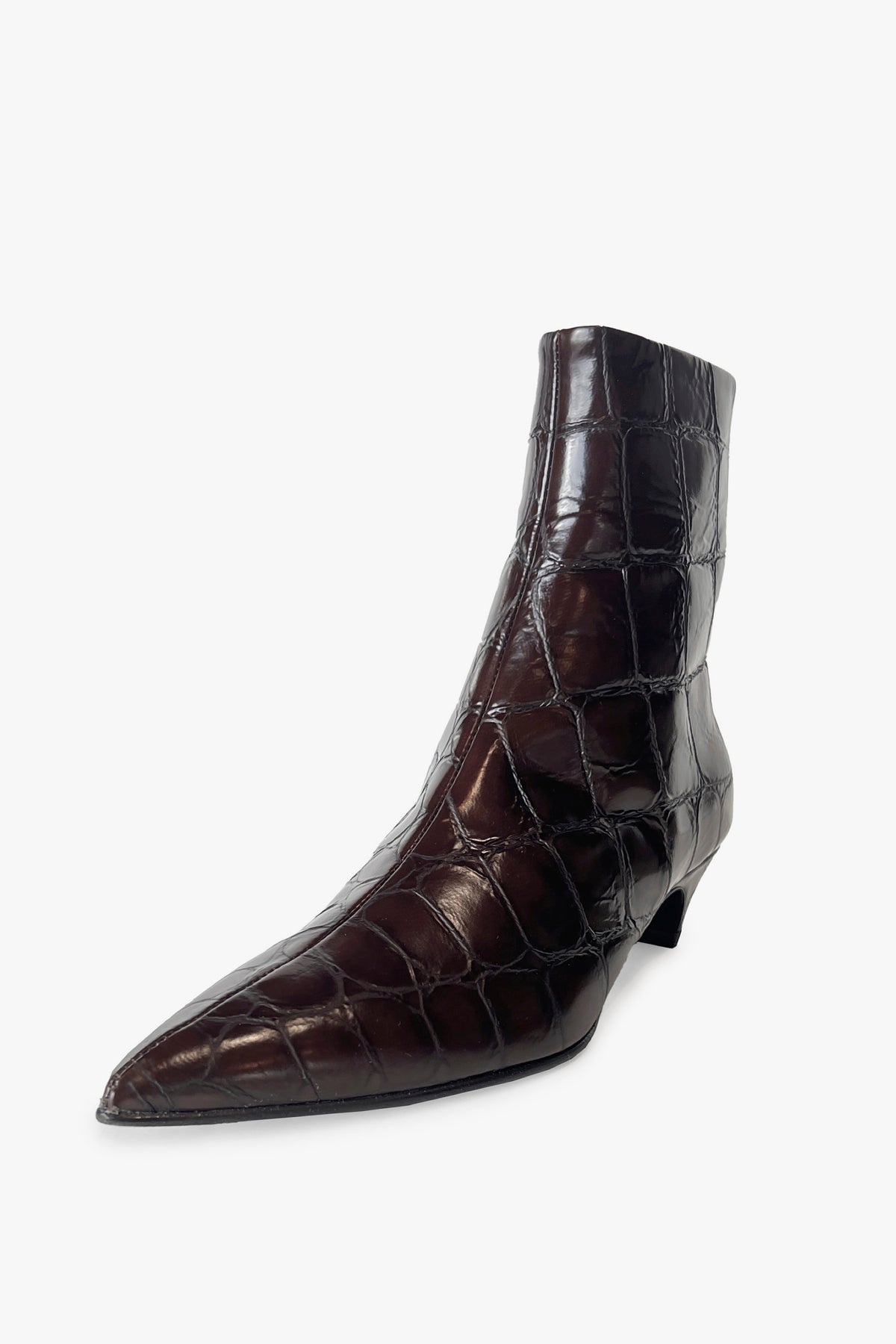 Brown Croco Embossed Leather Pointy Toe Kitten Heel Ankle Boots