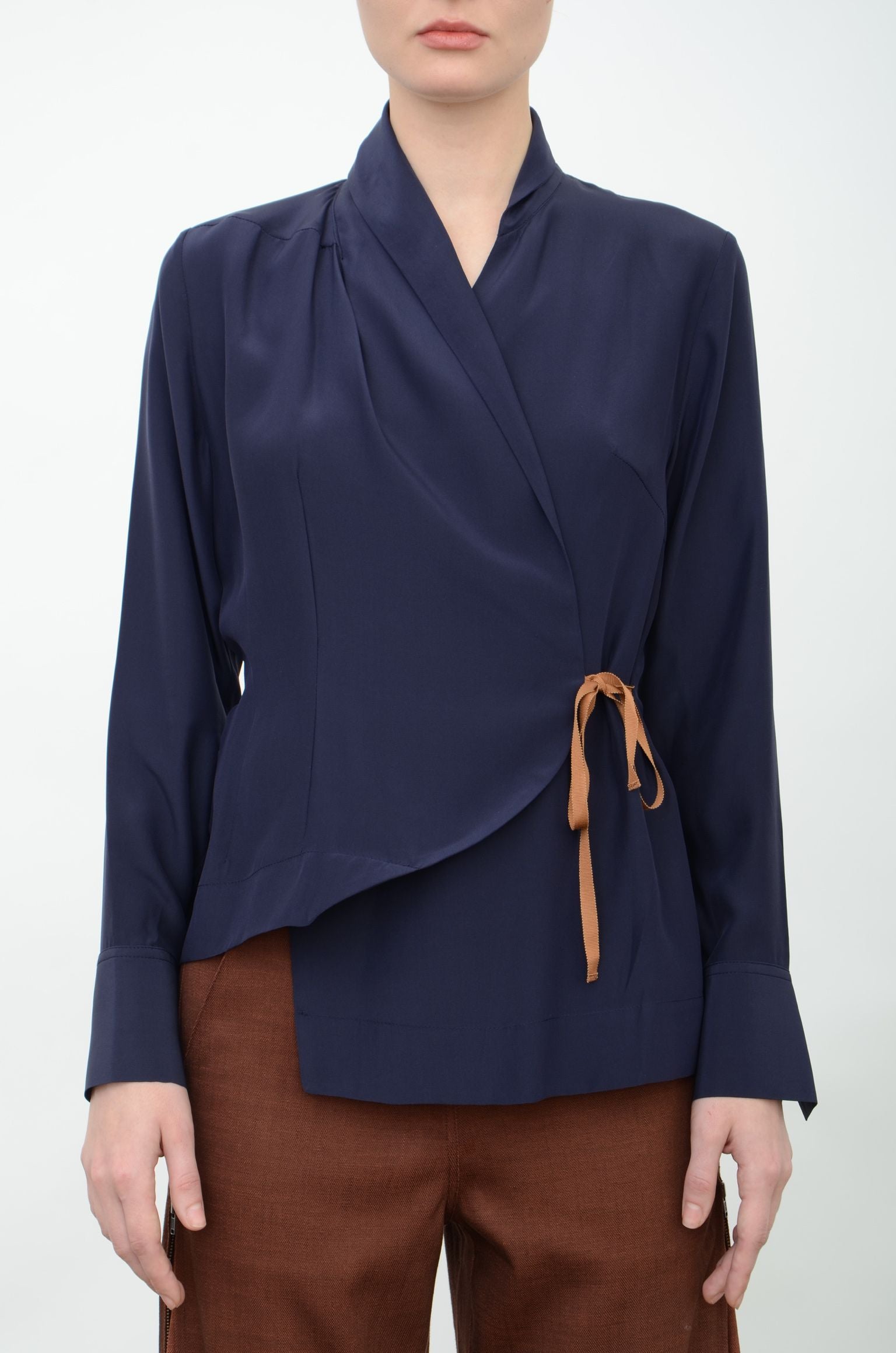 Silk Wrap Shirt with Grosgrain Tape - VISAYA Top GENERAL ORIENT Aubergine-Silk p