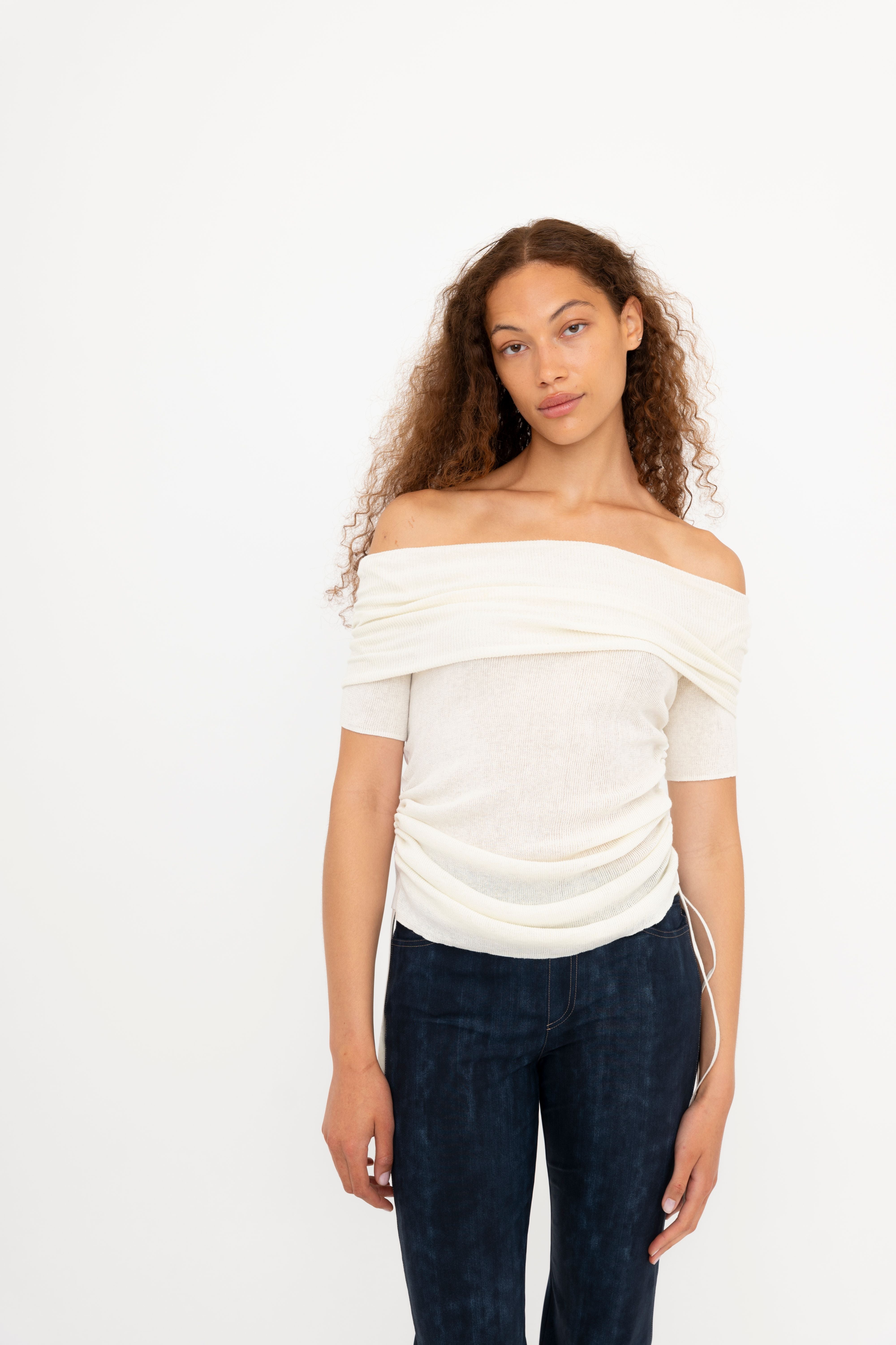 Organic Cotton Blend Off Shoulder Rib Knit Top - BICHON Sweater YUE FENG