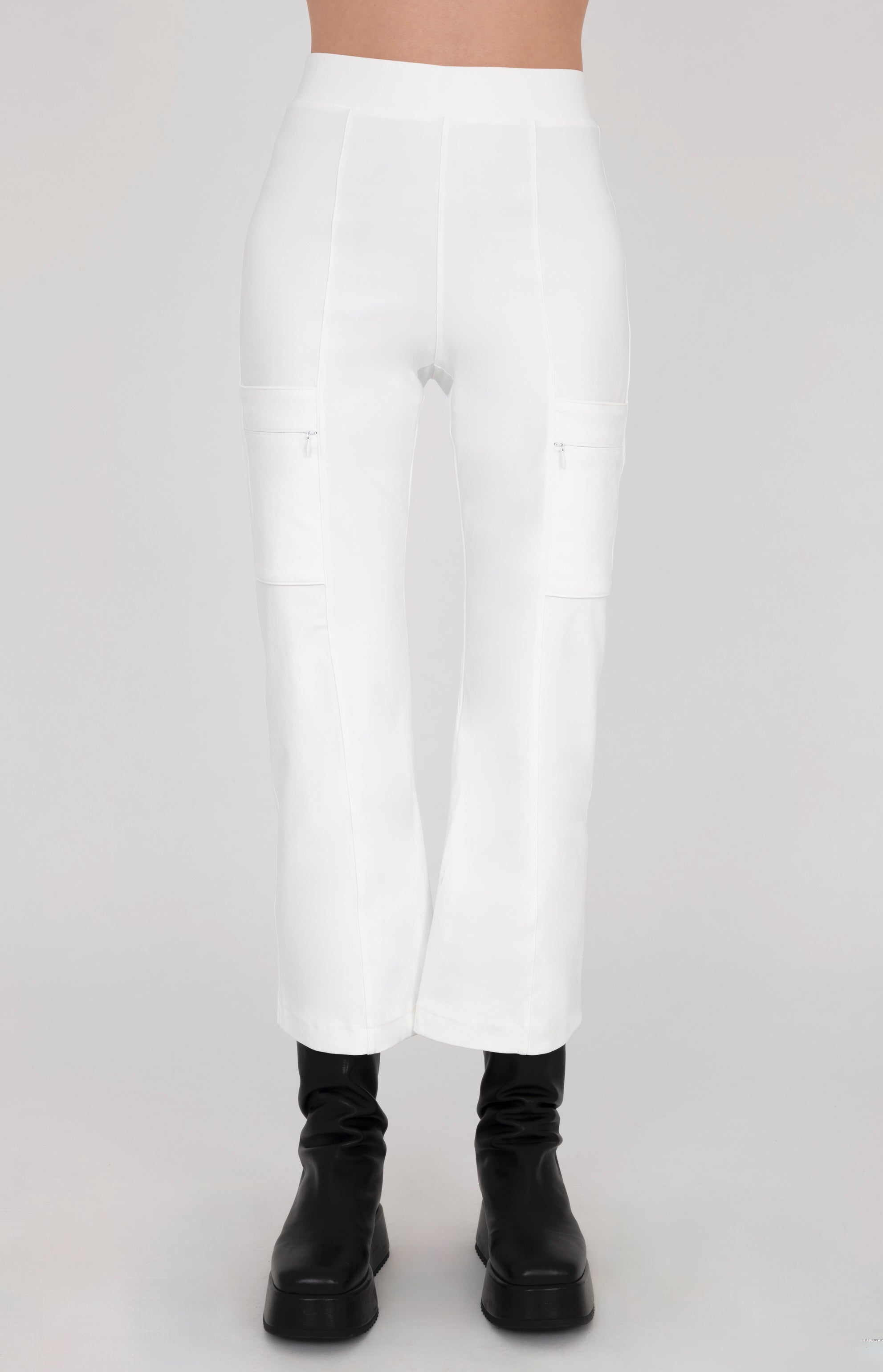 White Tech Stretch Cropped Flare Pant with Utility Pockets