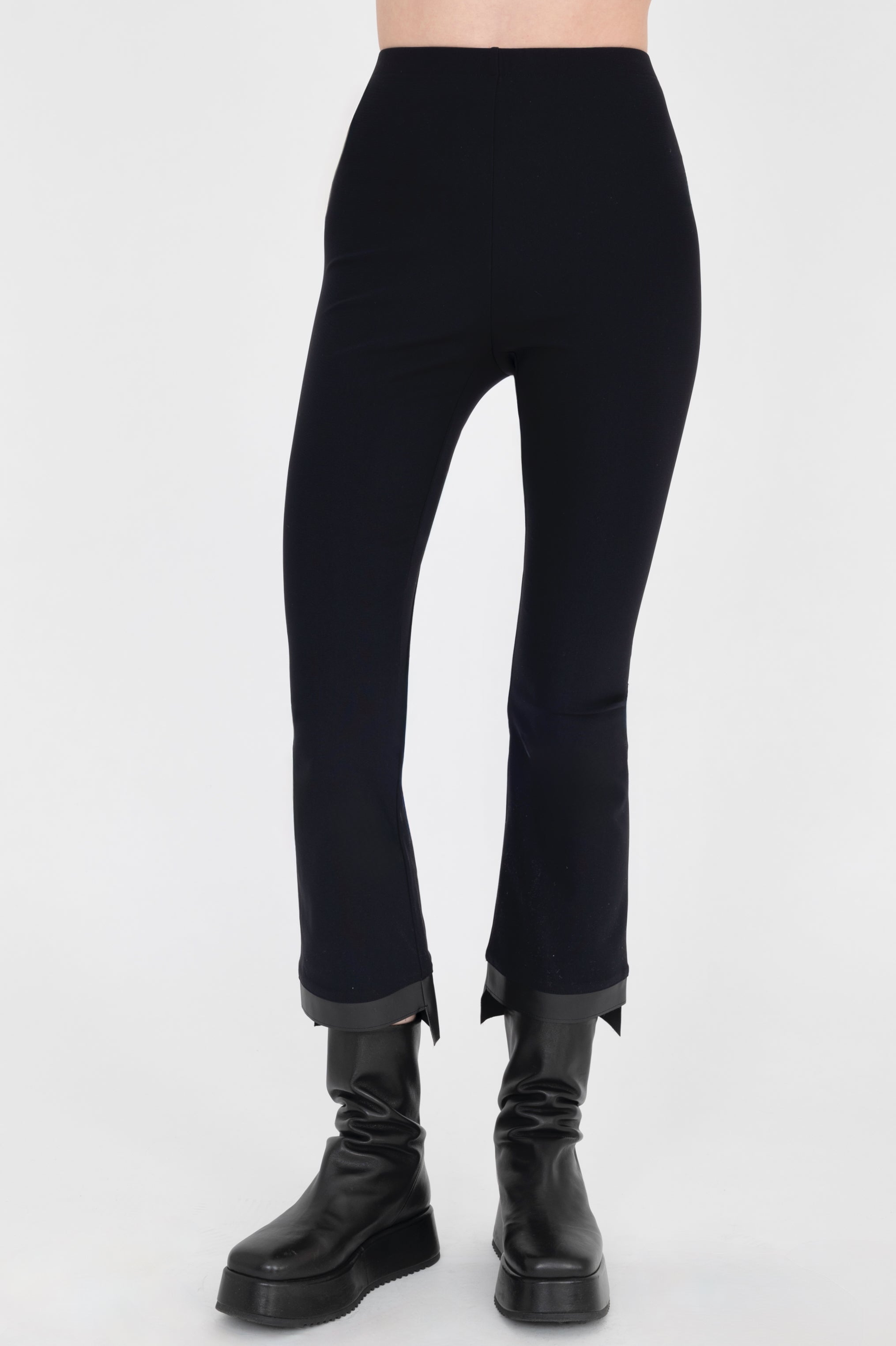 Black Tech Stretch Vegan Leather Step Hem Cropped Flare Pant