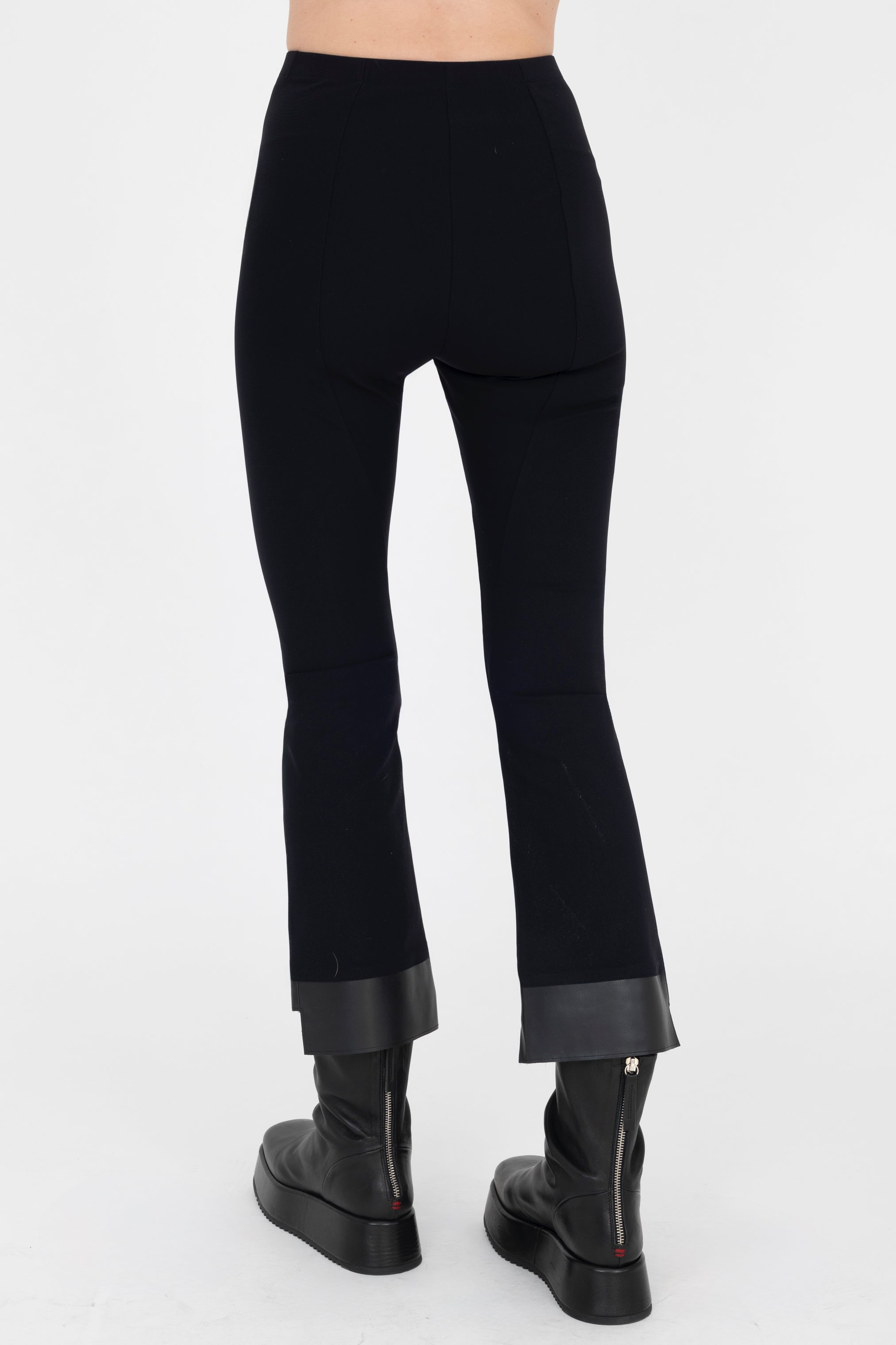 Black Tech Stretch Vegan Leather Step Hem Cropped Flare Pant