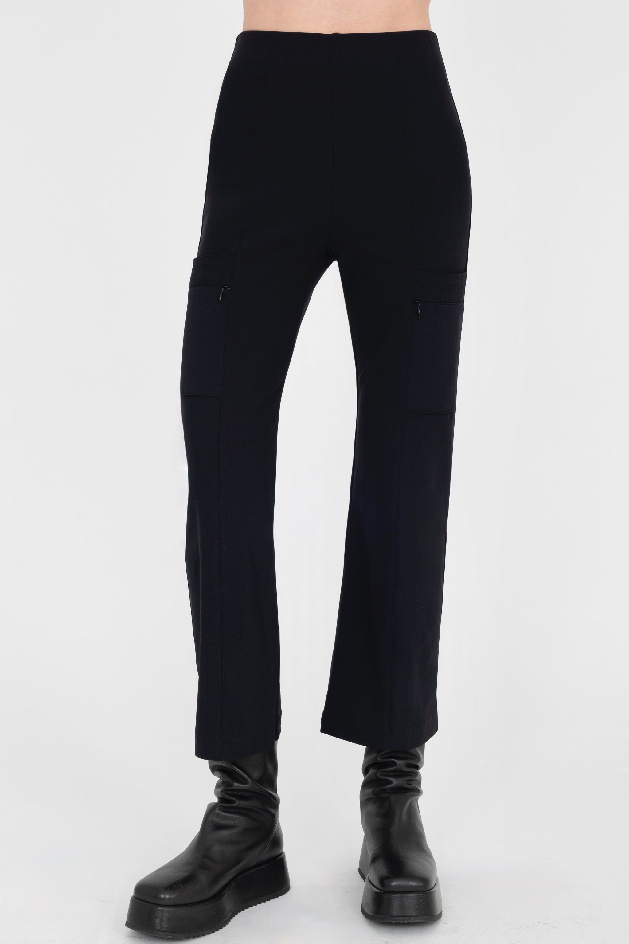 Black Tech Stretch Cropped Flare Pant with Utility Pockets