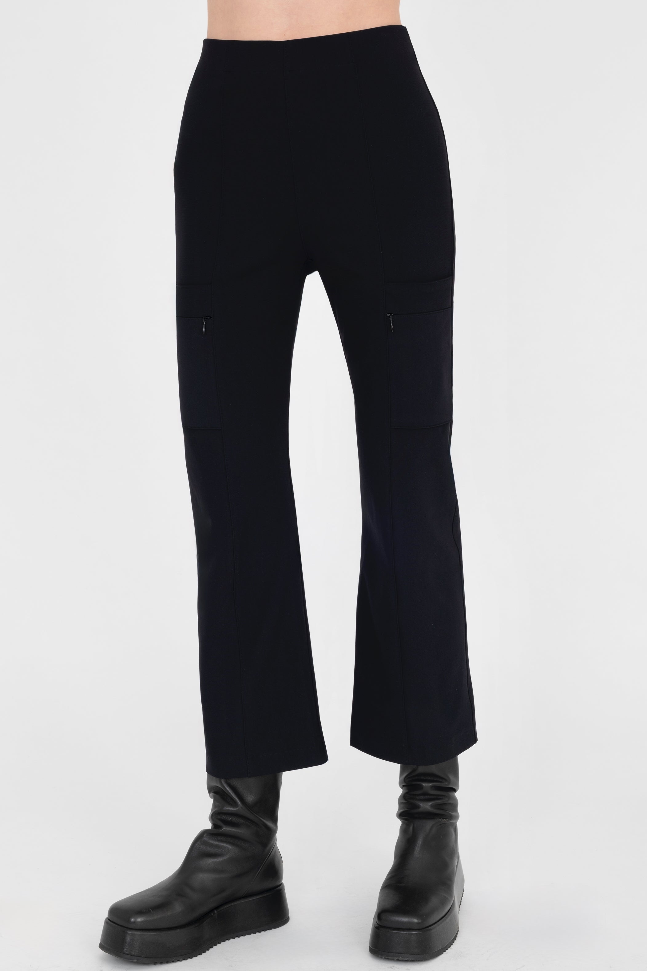 Black Tech Stretch Cropped Flare Pant with Utility Pockets