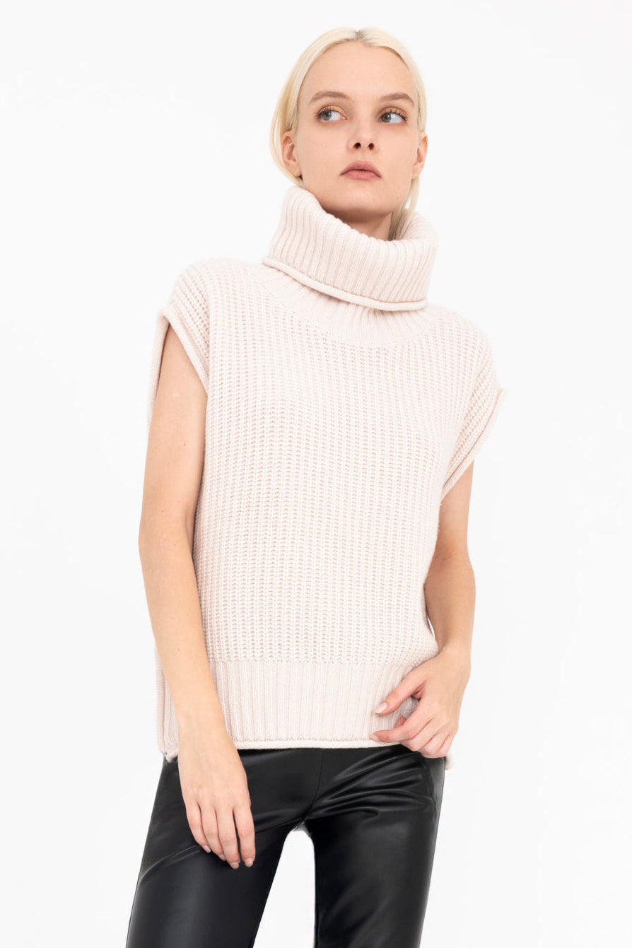 Cashmere Blend Turtle Neck Vest with Side Zip - CARMEL