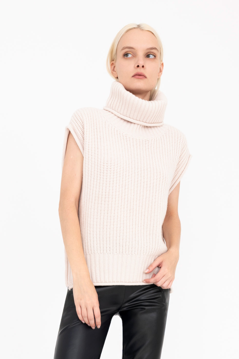 Cashmere Blend Turtle Neck Vest with Side Zip - CARMEL