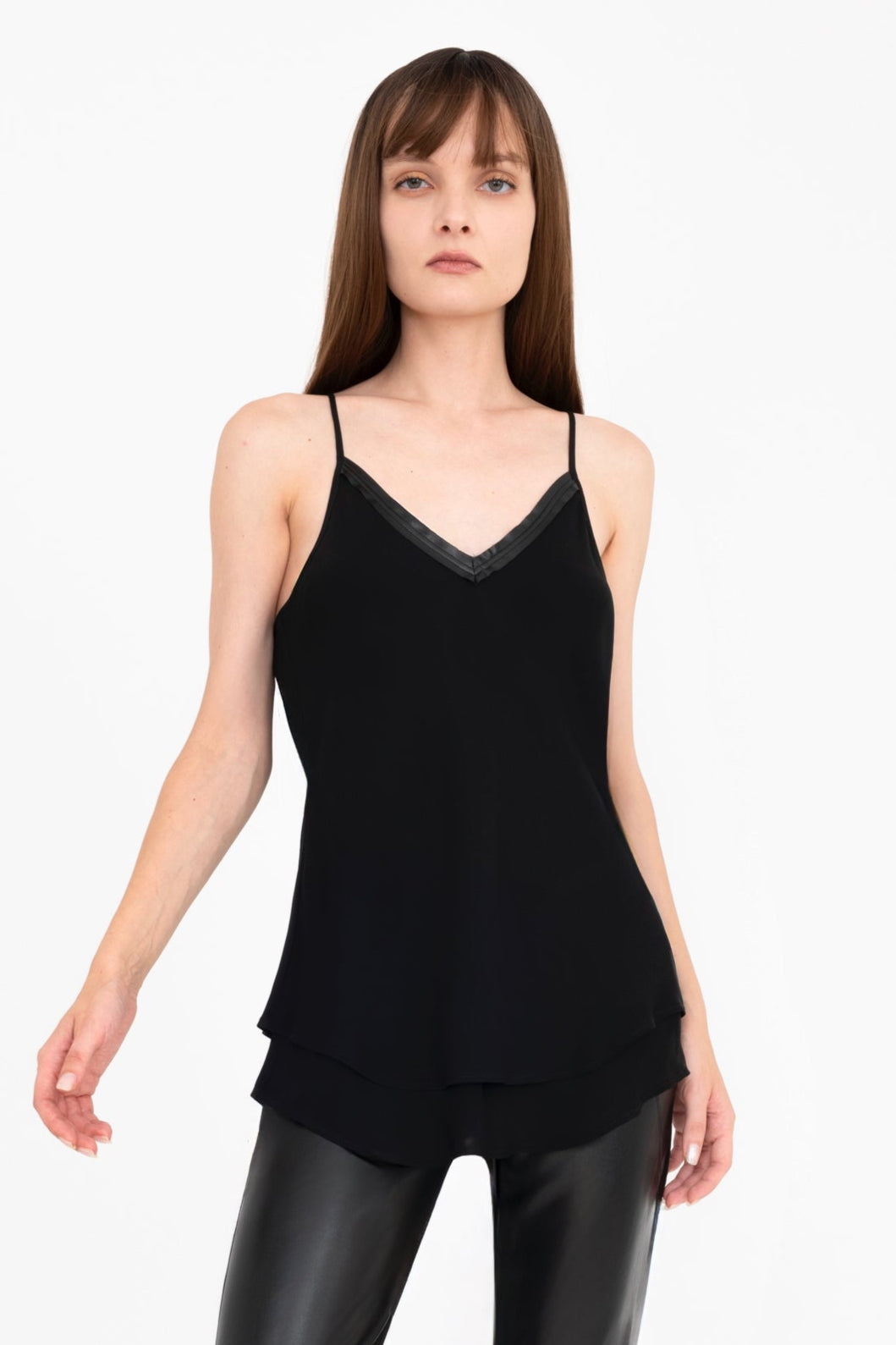 Silk Georgette Double Layer Bias Camisole with Vegan Leather trim - CELESTE Top General Orient