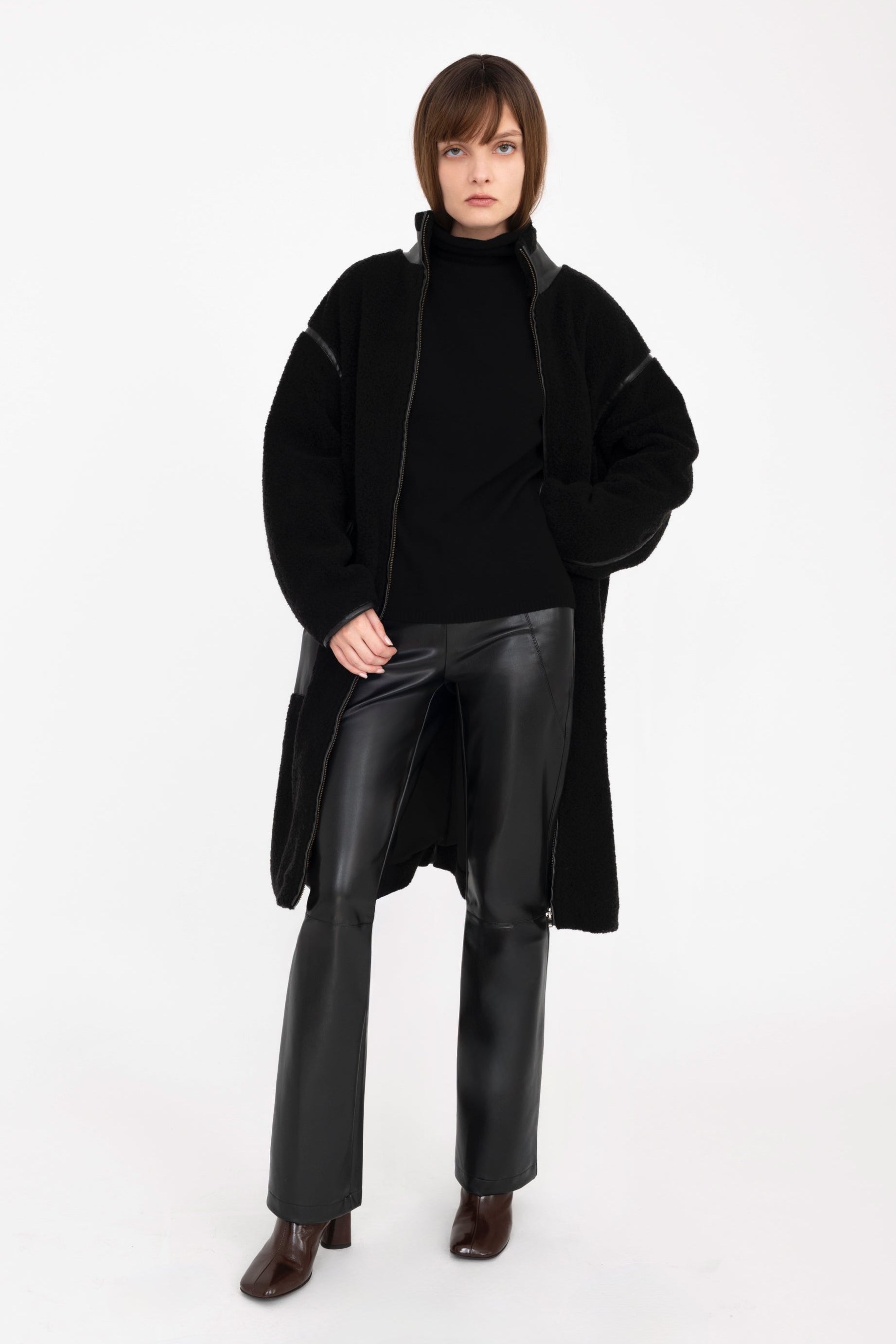 Vegan Shearling Coat with Vegan Leather Trim - TORRA Coat STYLEM
