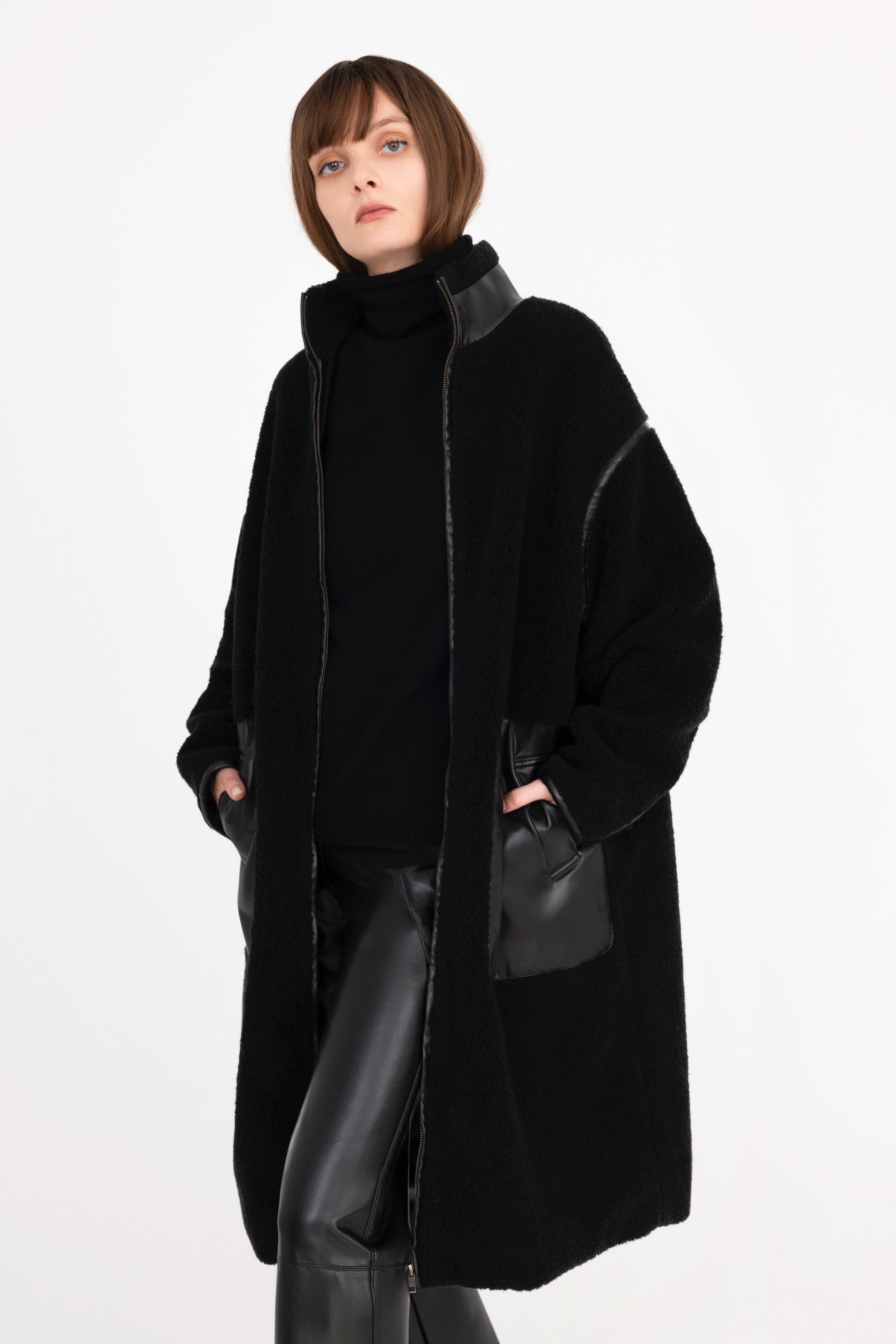 Vegan Shearling Coat with Vegan Leather Trim - TORRA Coat STYLEM