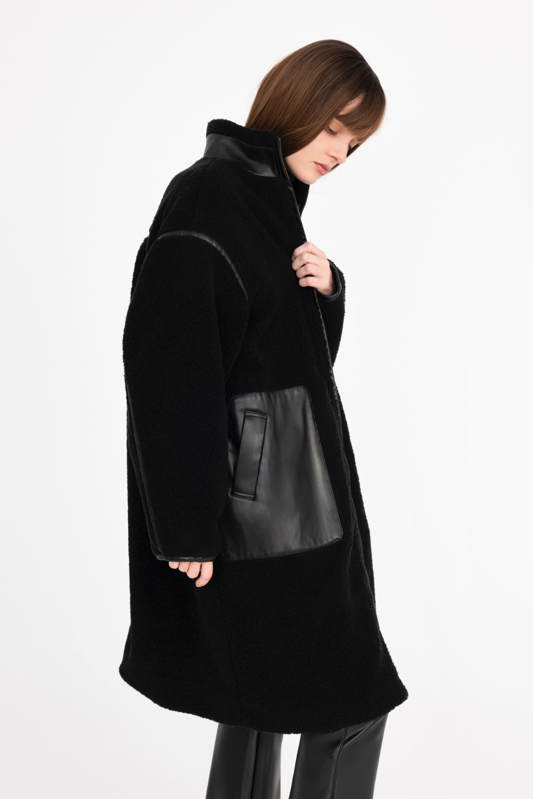 Vegan Shearling Coat with Vegan Leather Trim - TORRA Coat STYLEM