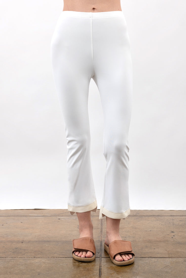 White Tech Stretch Vegan Leather Step Hem Cropped Flare Pant
